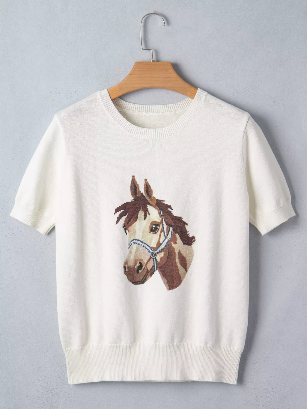 Wild West Horse Head Printed Short Sleeve Sweater in White for Women