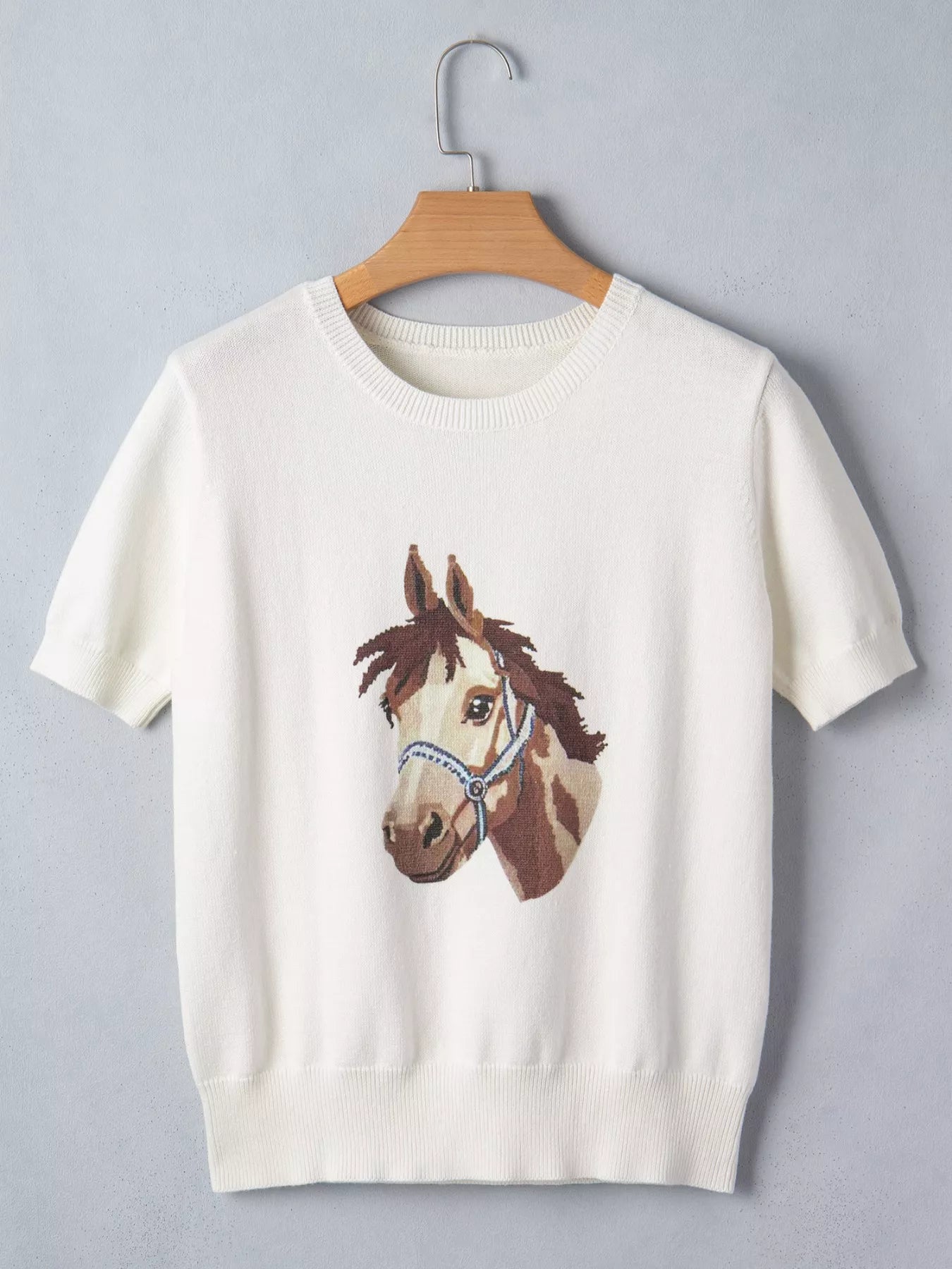 Wild West Horse Head Printed Short Sleeve Sweater in White for Women