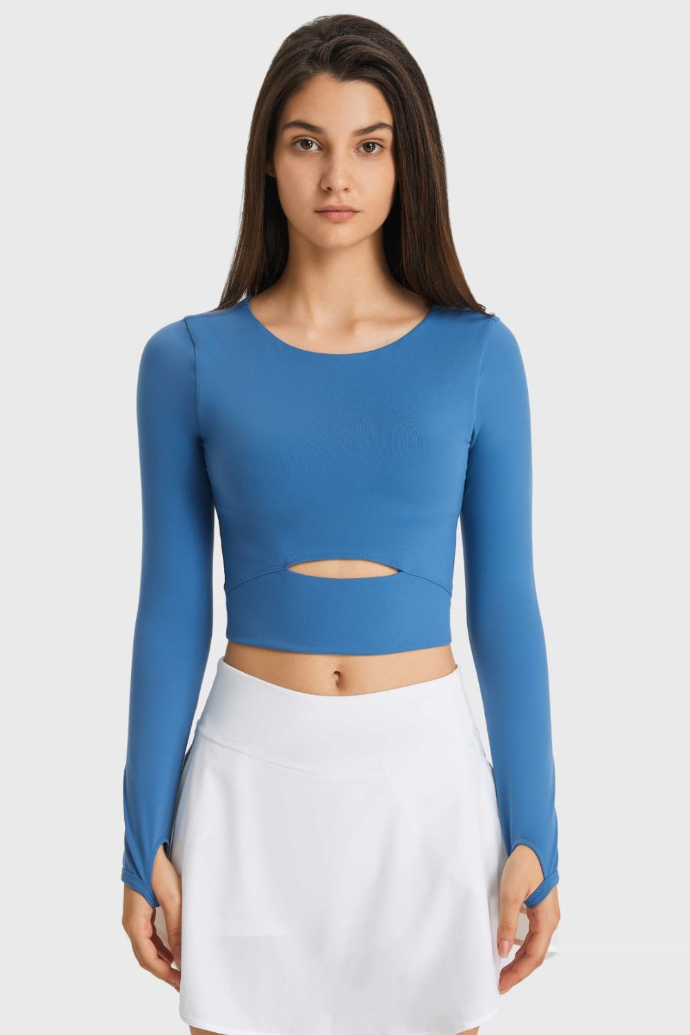 Cutout Long Sleeve Cropped Sports Top in Blue for Women