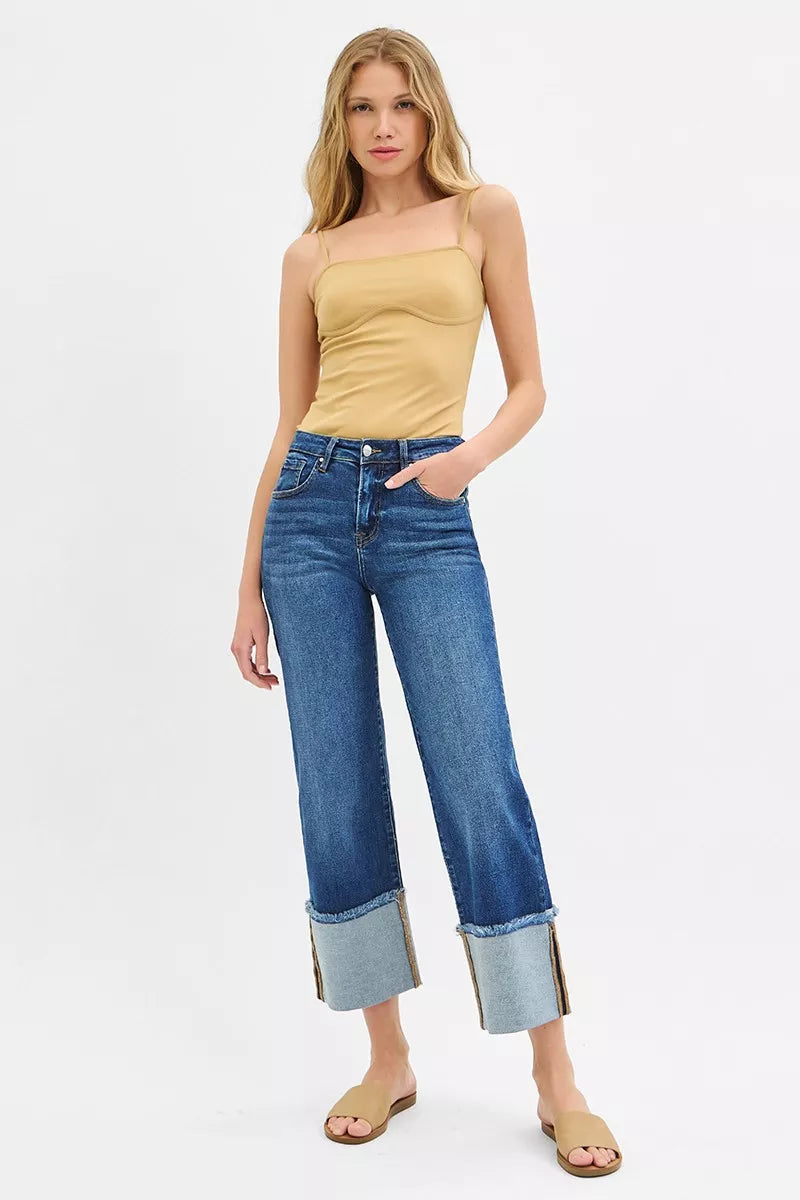 Mid Rise Crop Wide Wide Cuffed Jeans Plus Size in Dark for Women