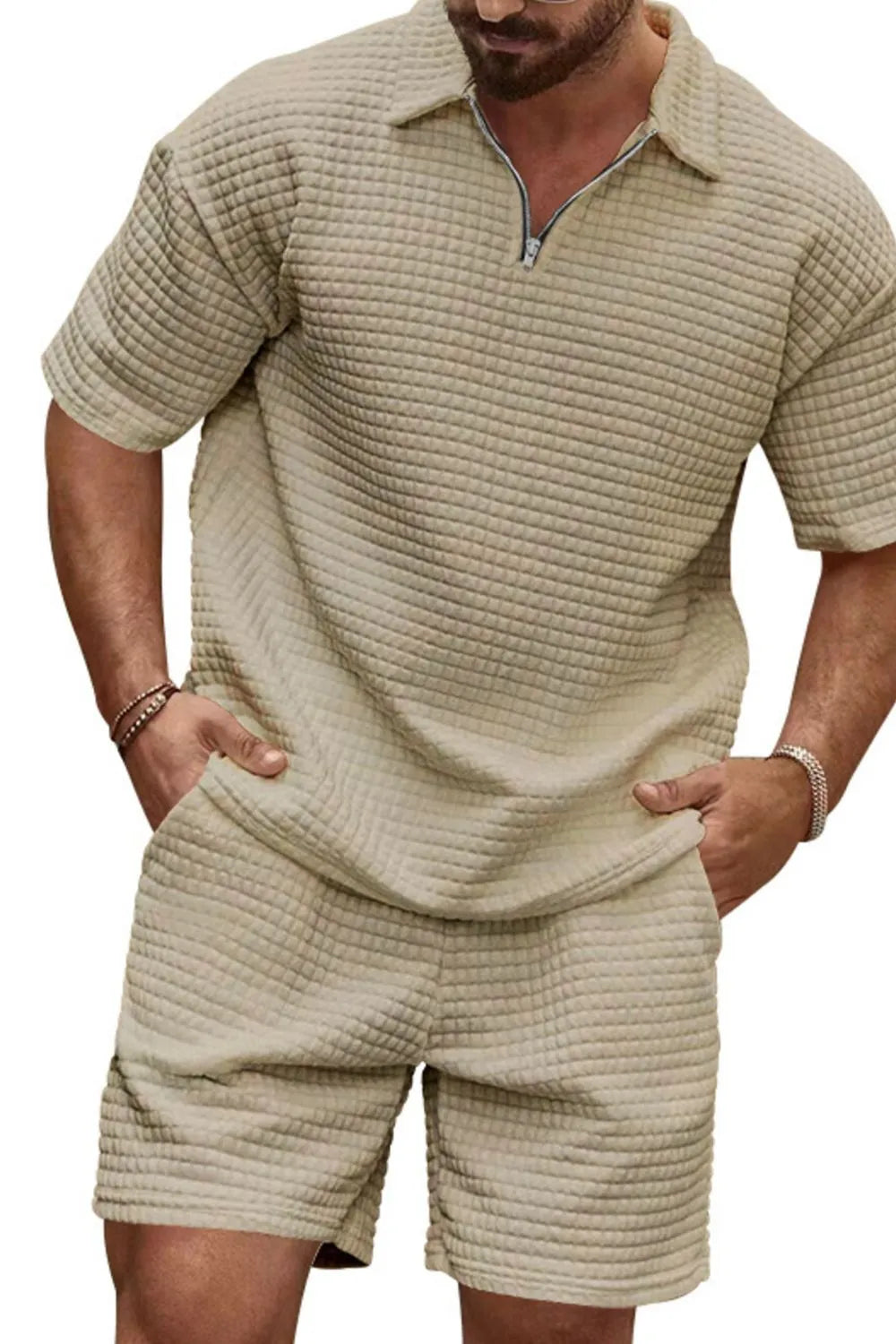 Zip Collar Short Sleeve Top and Shorts Set Plus Size in Khaki for Men