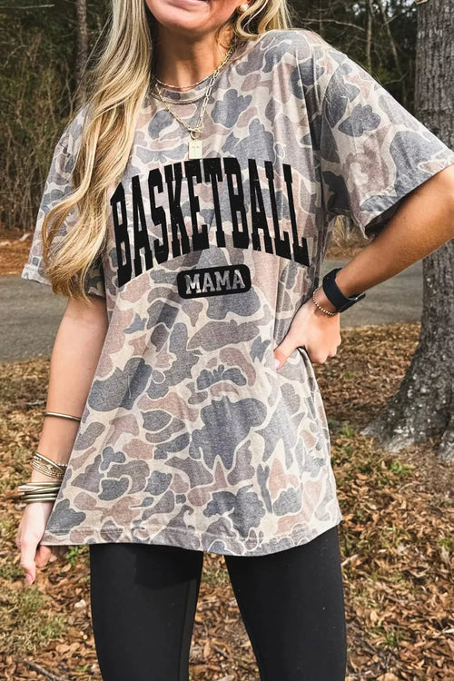 Basketball Mama Camo Print Relaxed Fit T-Shirt in Mocha for Women