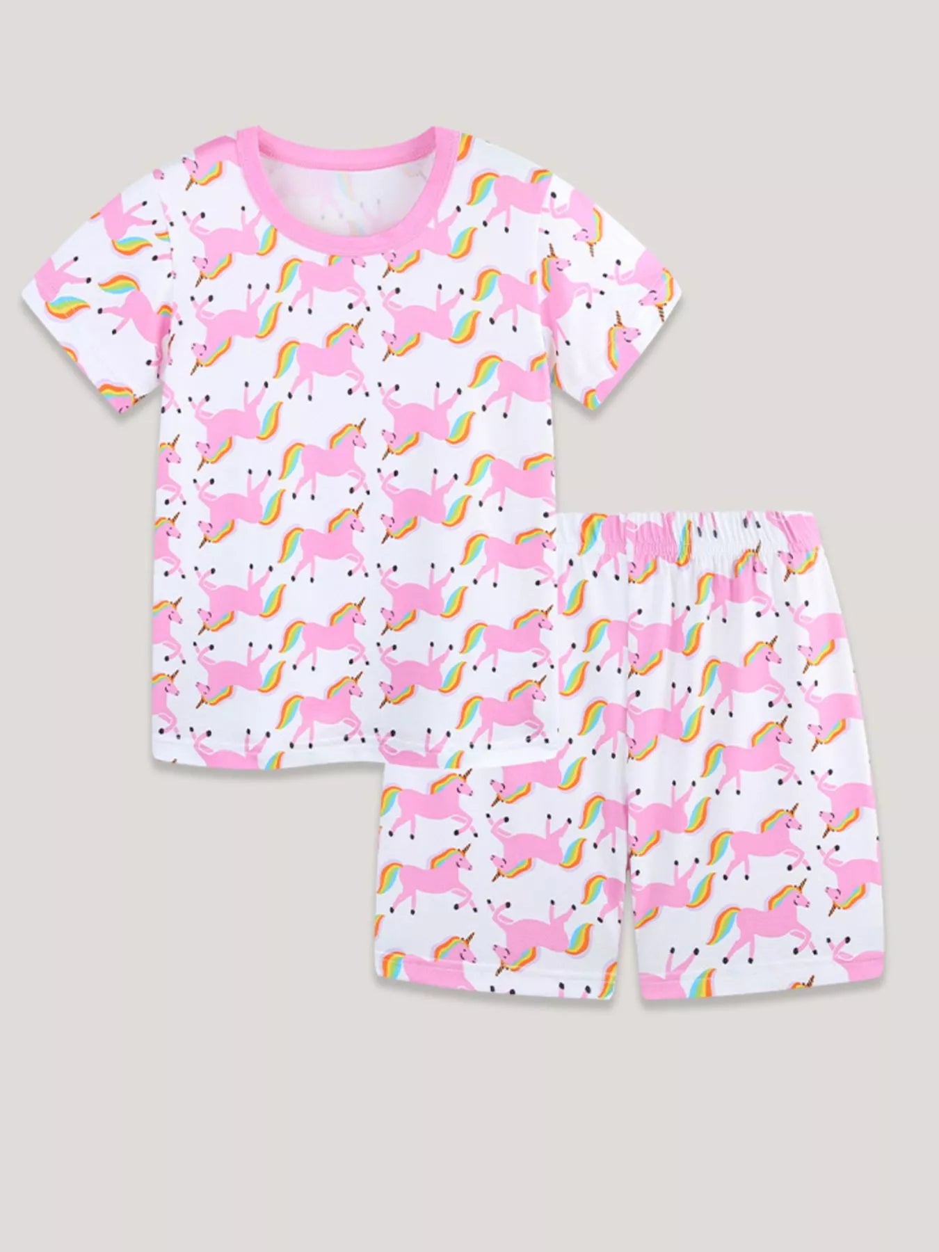 Unicorn Print Short Sleeve Tee and Shorts Set in Blush Pink for Girls