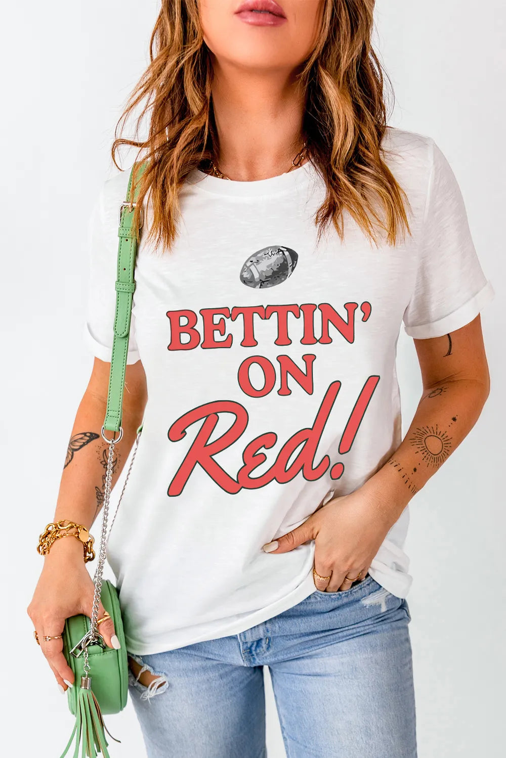 Letter Graphic Round Neck Short Sleeve T-Shirt in Peacock Blue for Women