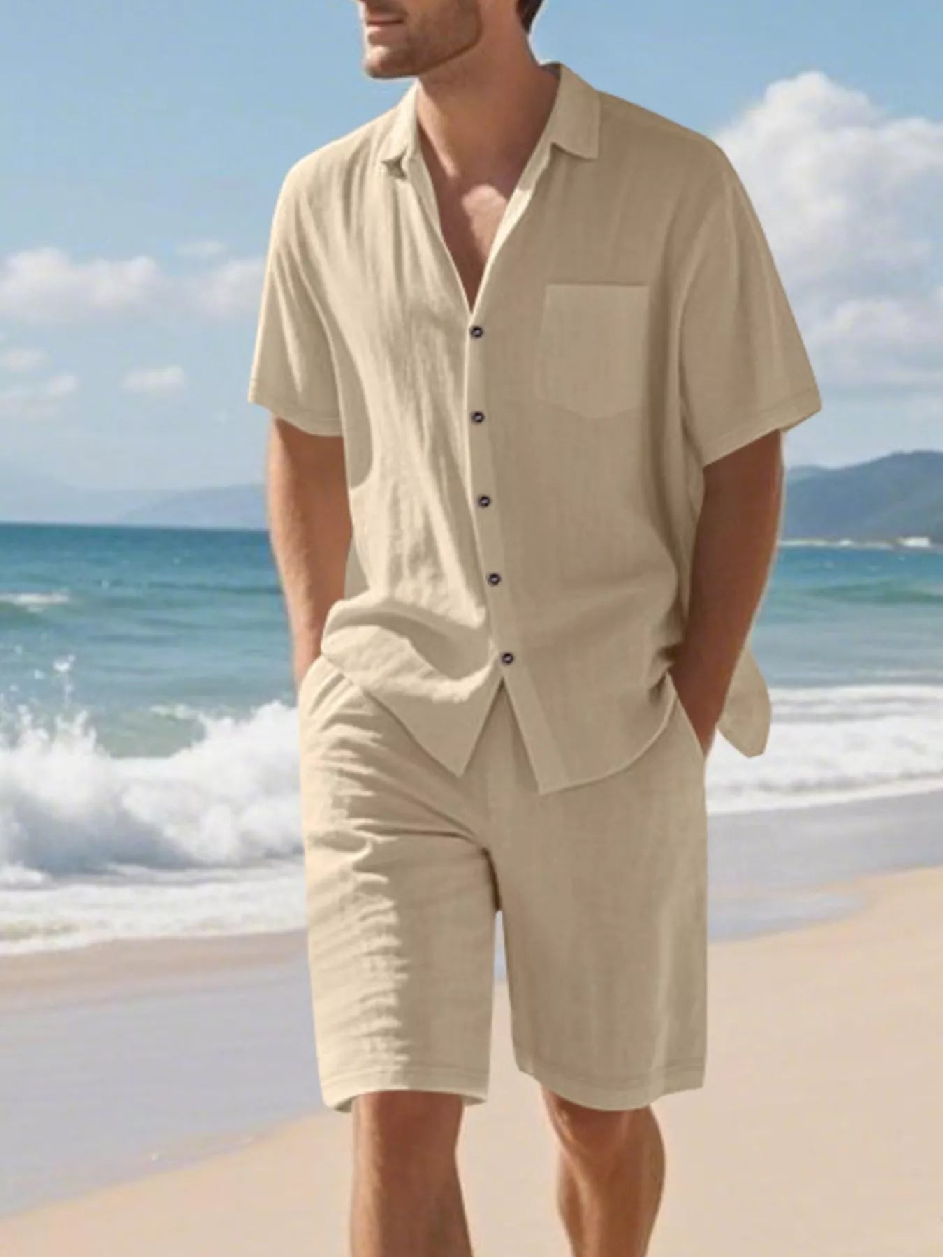 Casual Button Up Shirt and Shorts Set Plus Size in Black for Men