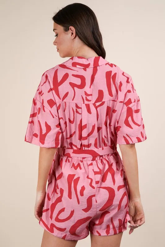 Oversized Printed Button Down Resort Romper in Pink for Women