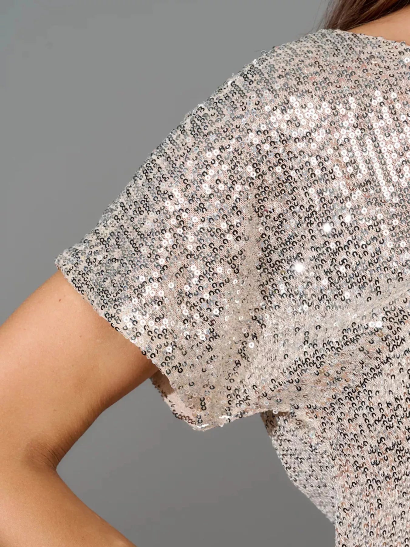 Plus Size Sequin Short Sleeve Wide Leg Jumpsuit in Apricot Silver for Women