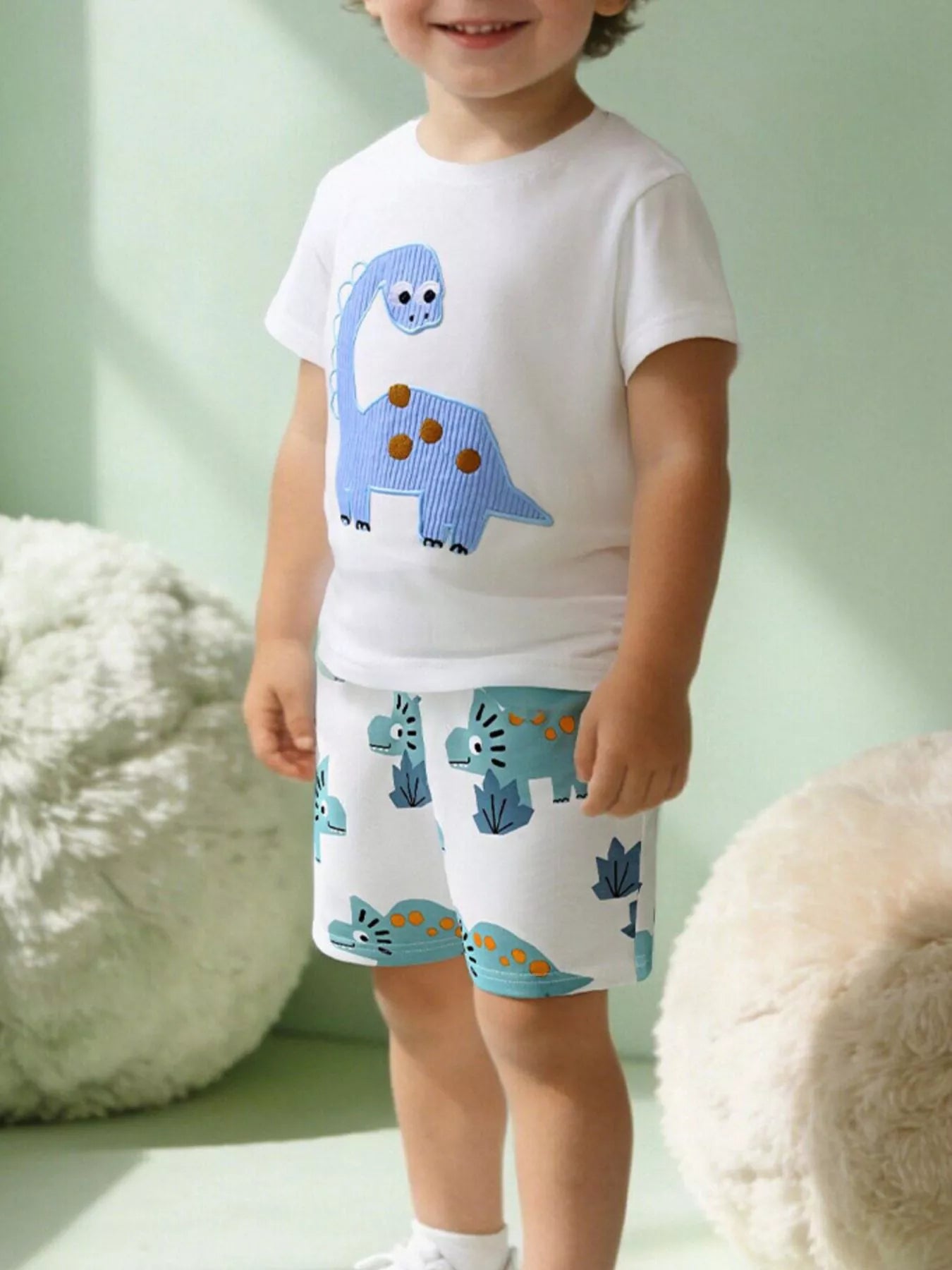 Dinosaur Applique Two-Piece Set in White for Boys