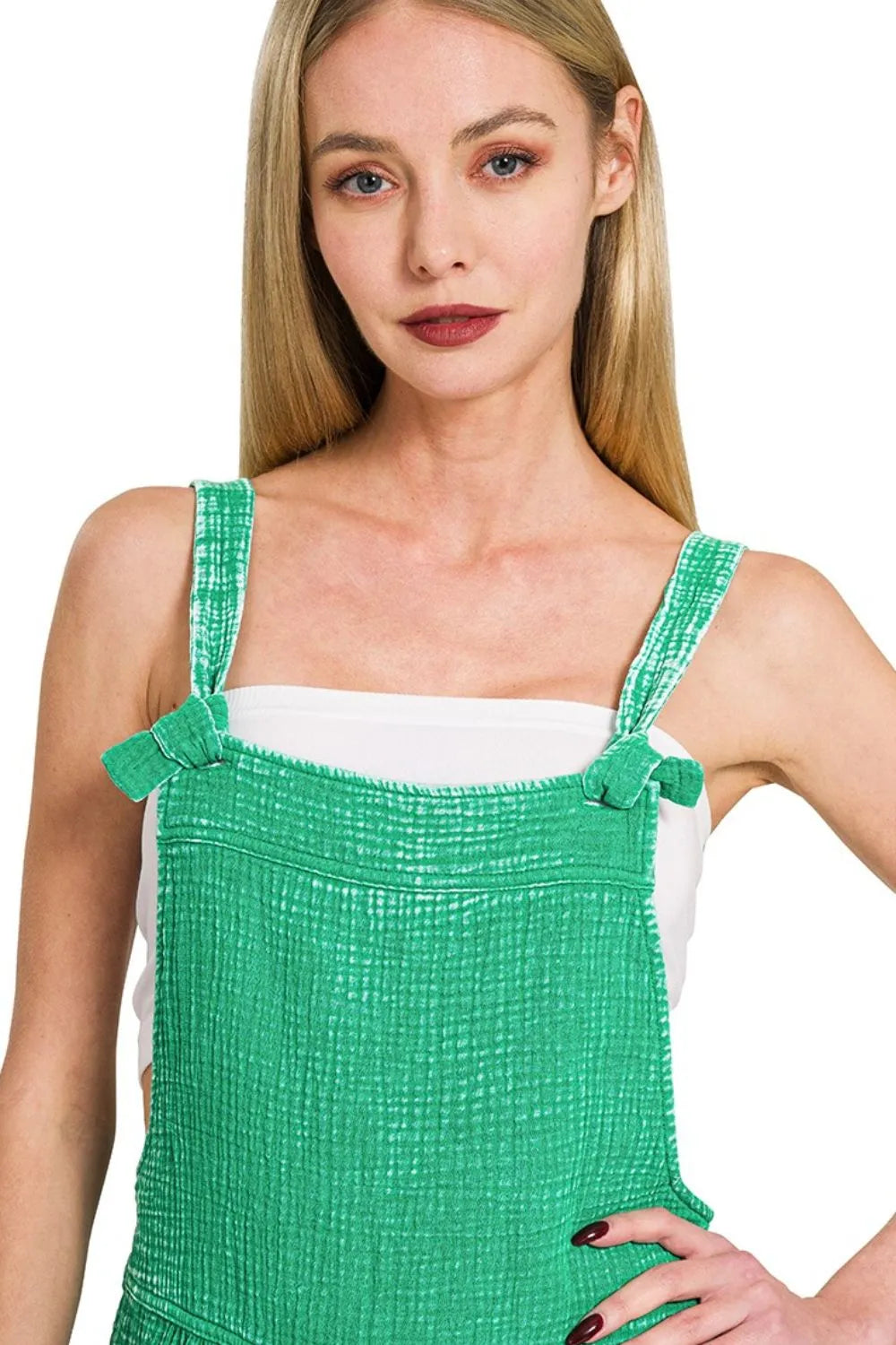 Woven Double Gauze Acid Washed Romper in Green for Women