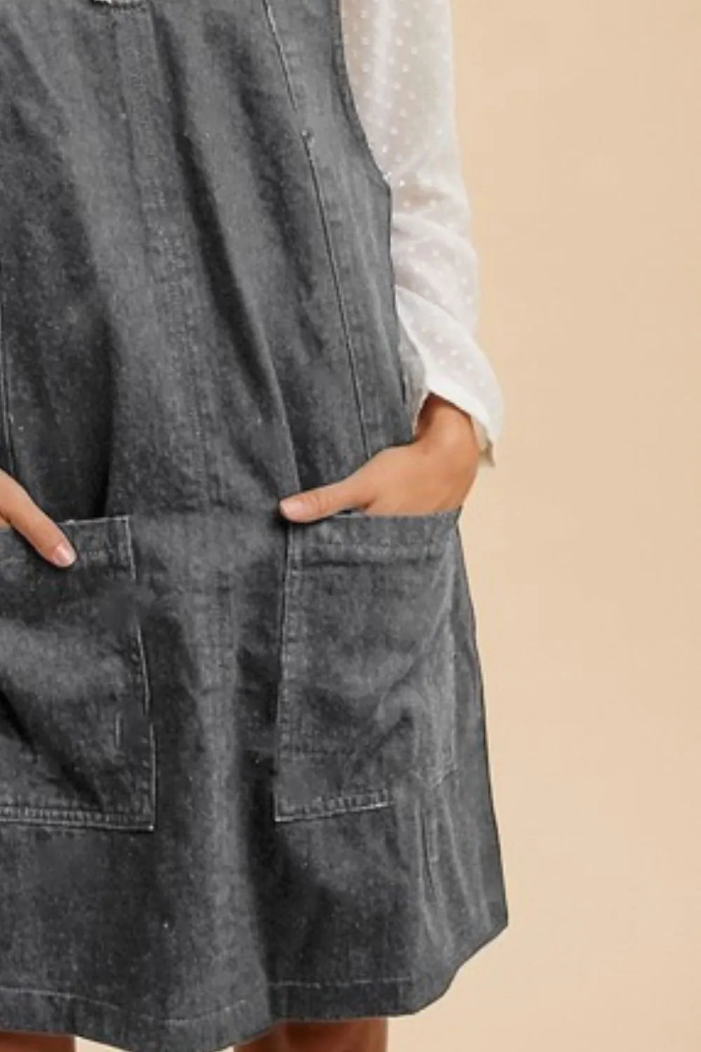 V-Neck Adjustable Strap Denim Overall Dress with Pockets in Charcoal for Women