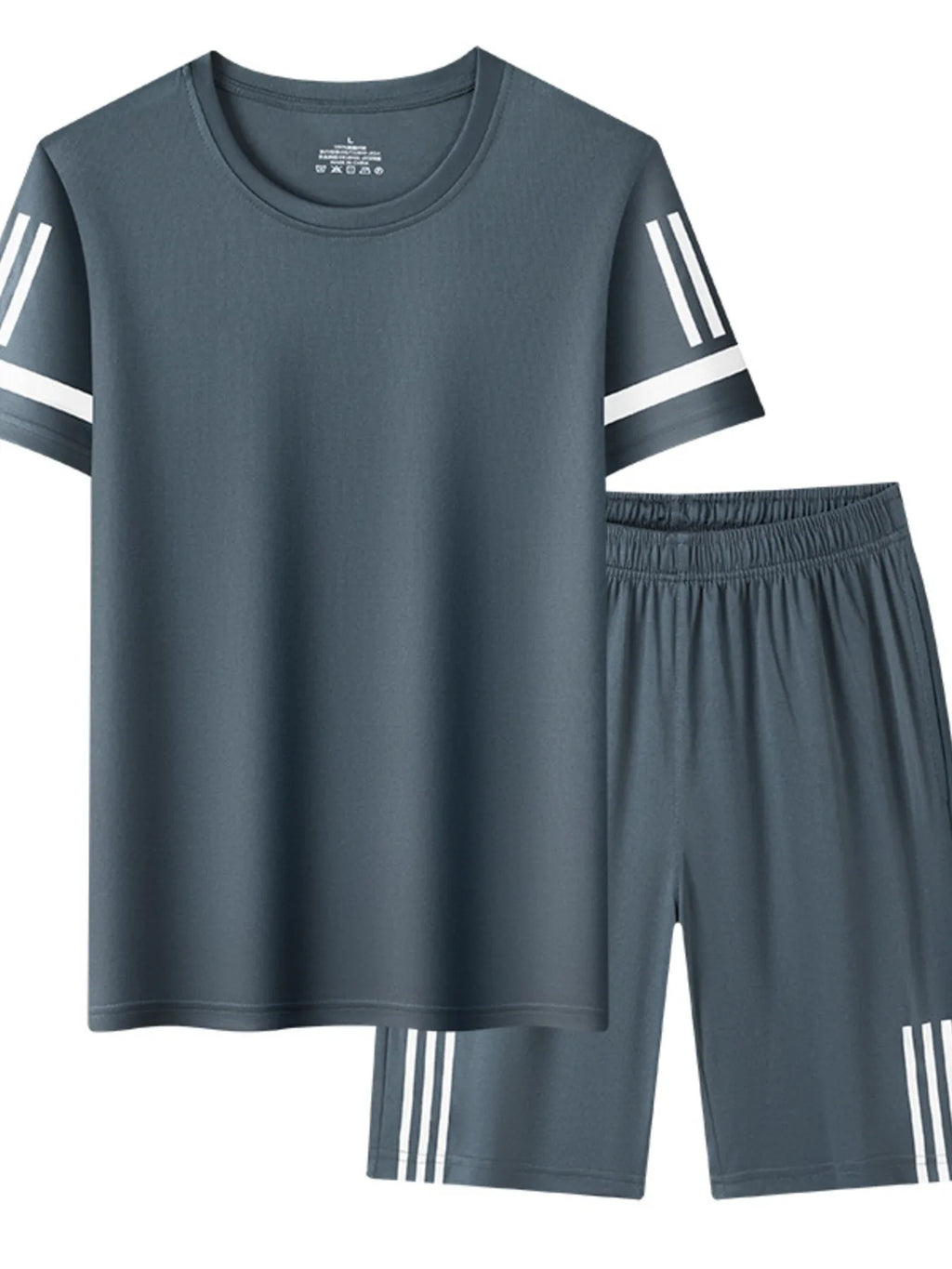 Plus Size Round Neck Short Sleeve Top and Shorts Set in Navy Blue for Men