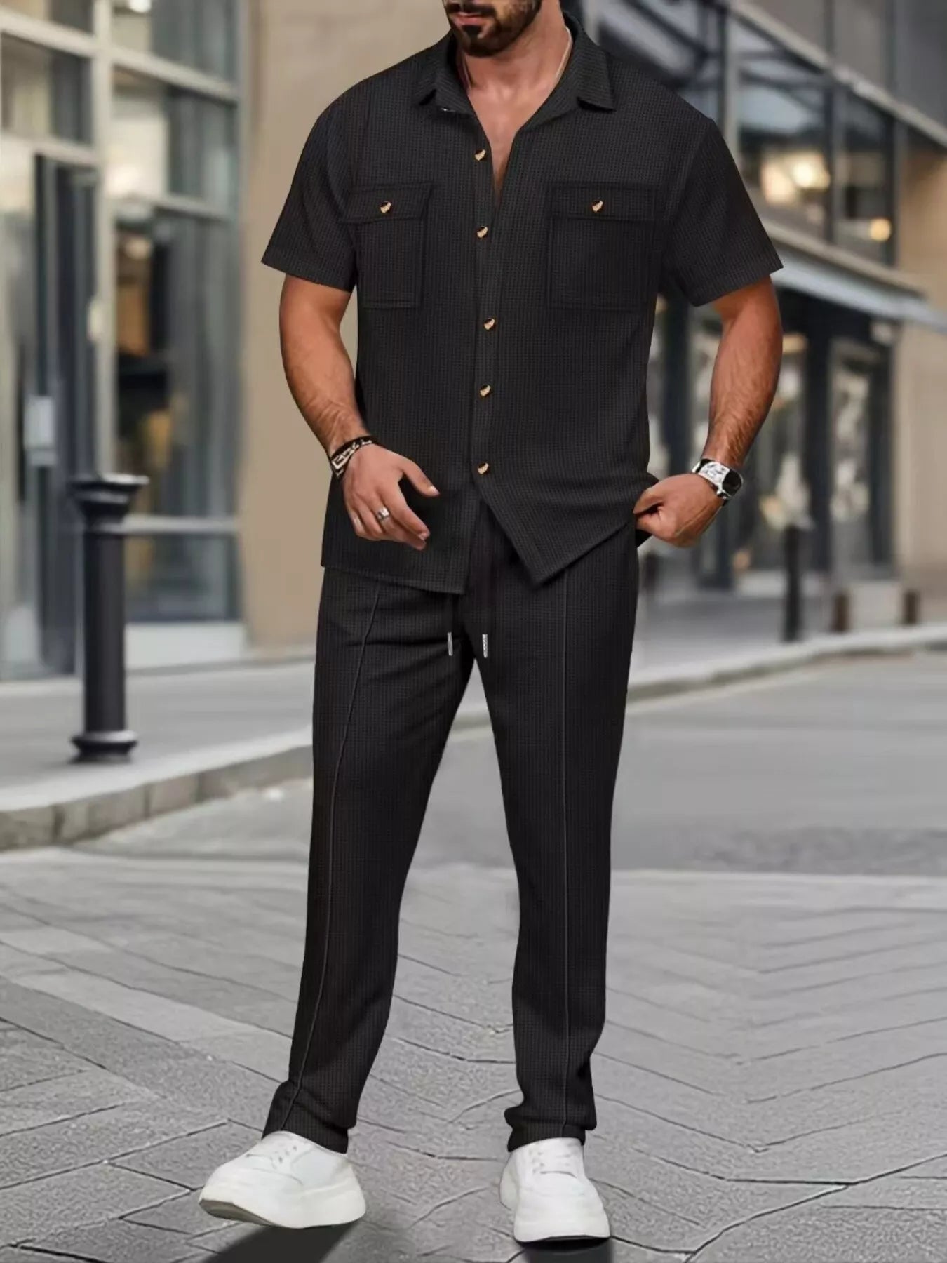 Casual Short Sleeve Shirt and Pants Set Plus Size in White for Men