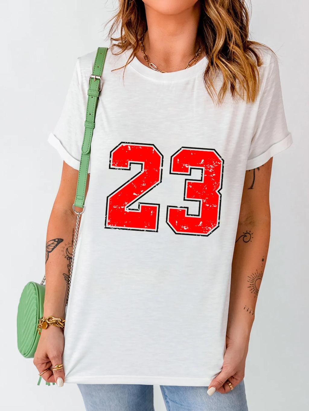 Number 23 Round Neck Casual T-Shirt in White for Women