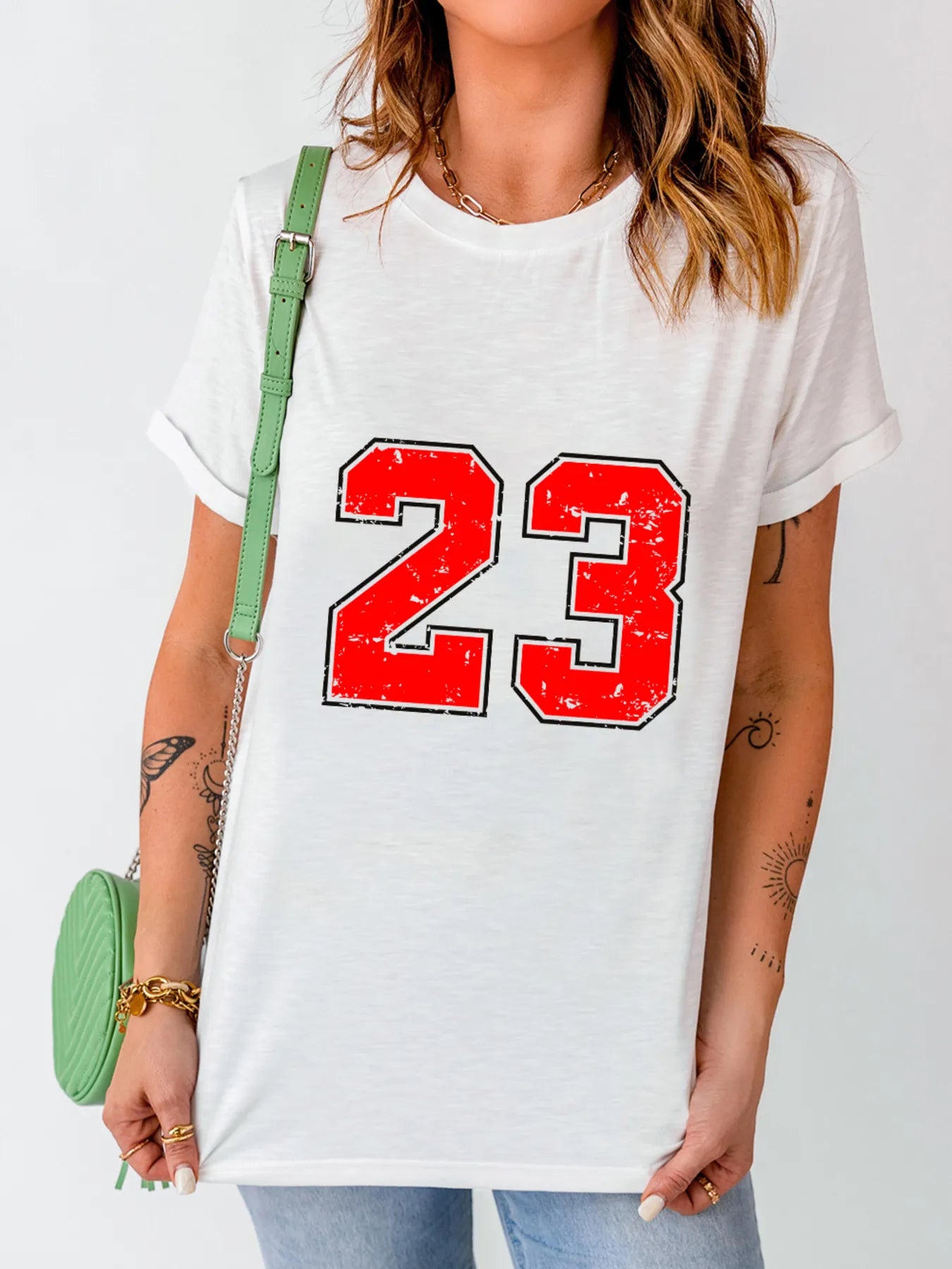 Number 23 Round Neck Casual T-Shirt in White for Women