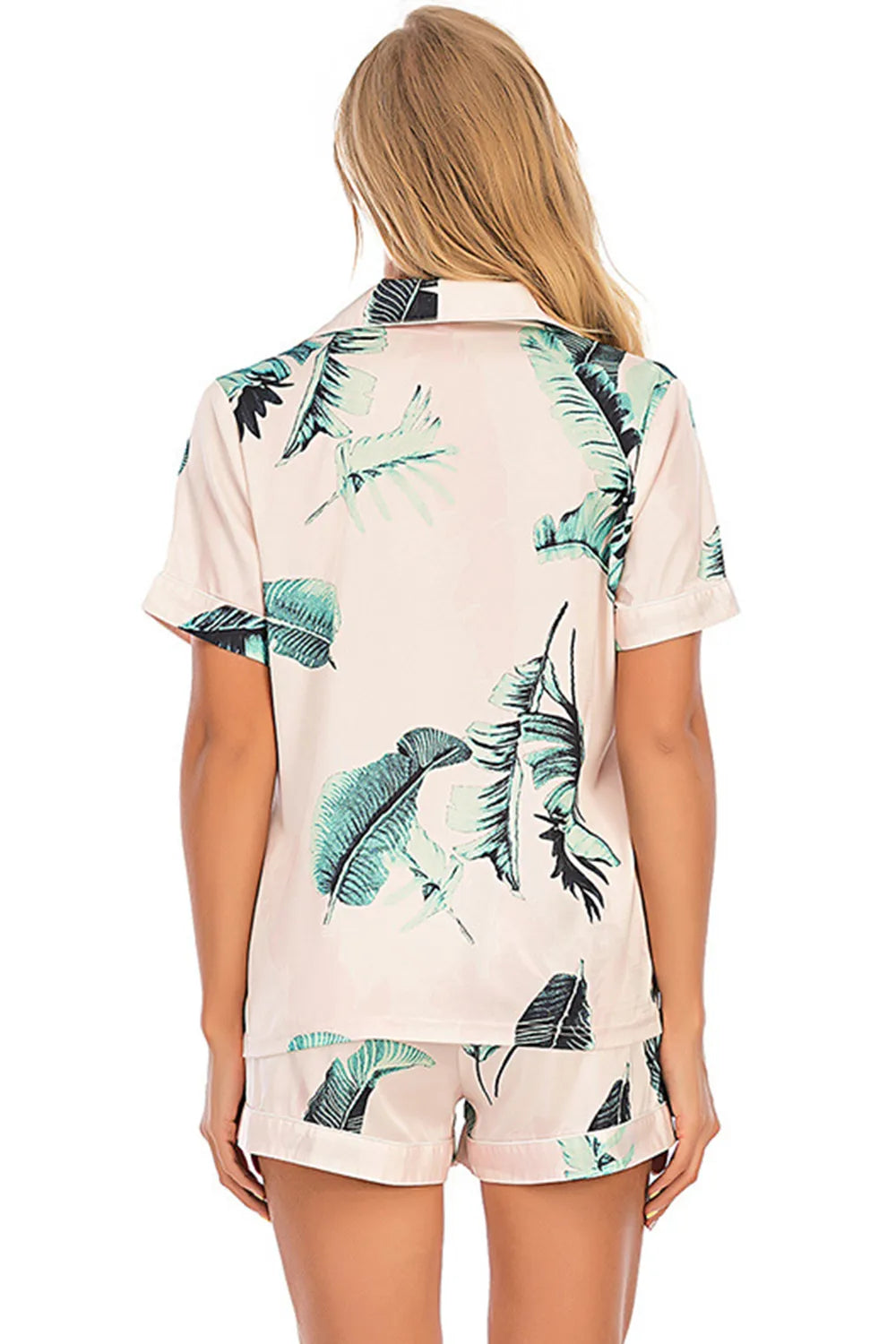 Printed Button Up Short Sleeve Top and Shorts Lounge Set in Tan for Women
