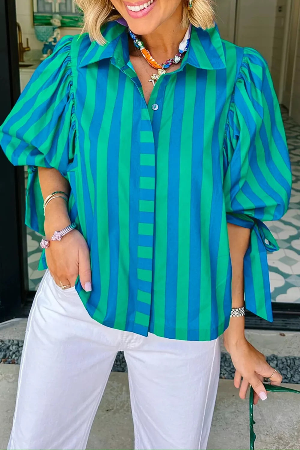Stripe Tie Puff Sleeve Button Down Shirt in Teal for Women