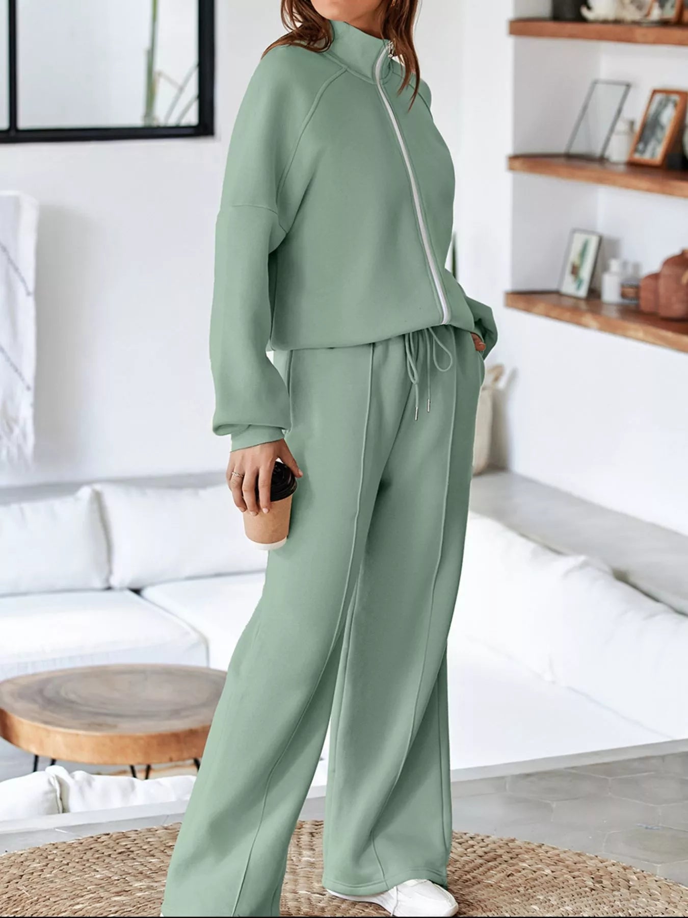 Drop Shoulder Zip Up Jacket and Drawstring Pants Active 2pcs Set for Women