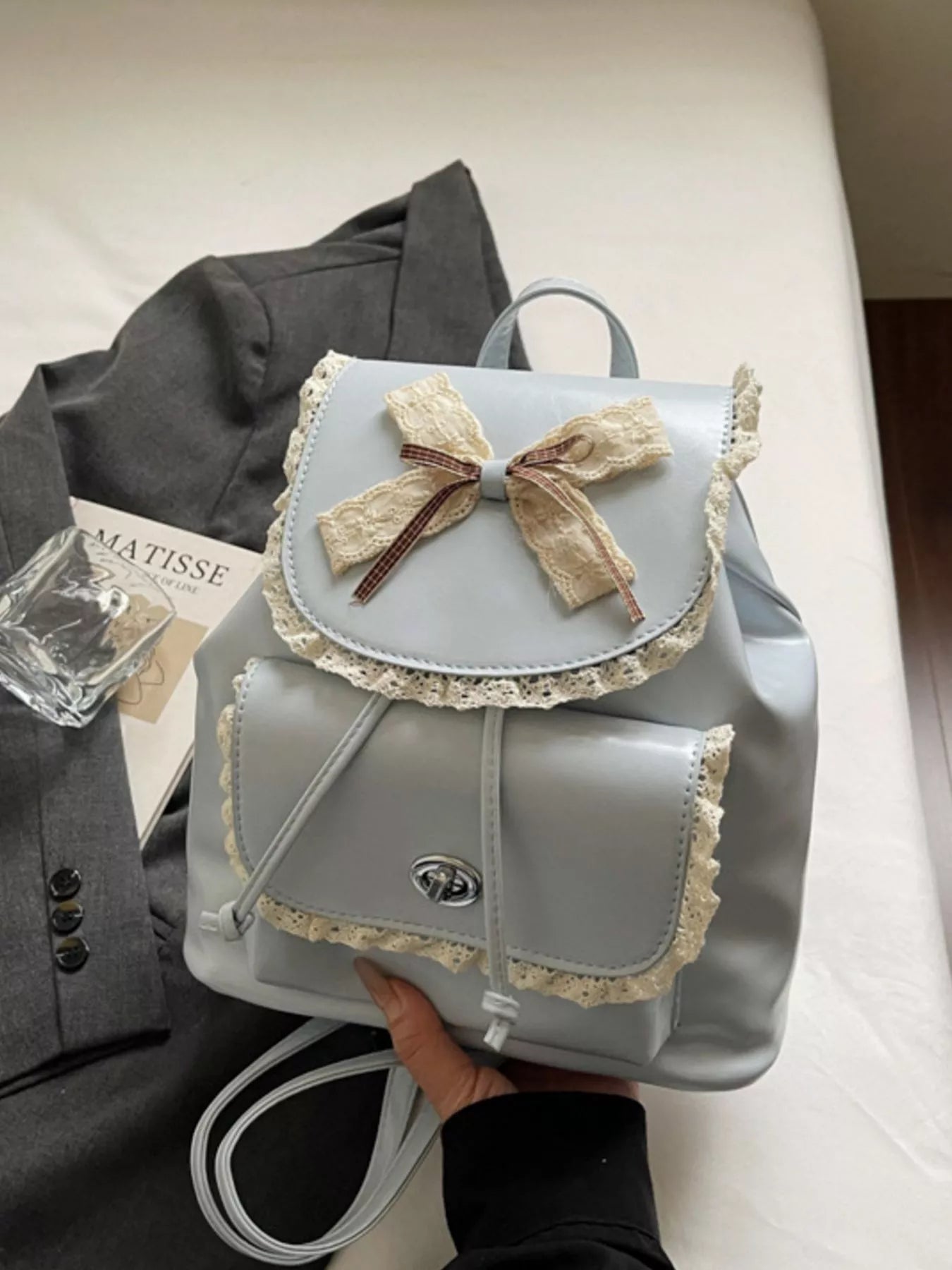 Lace Trim Bow Decor Backpack Bag for Women