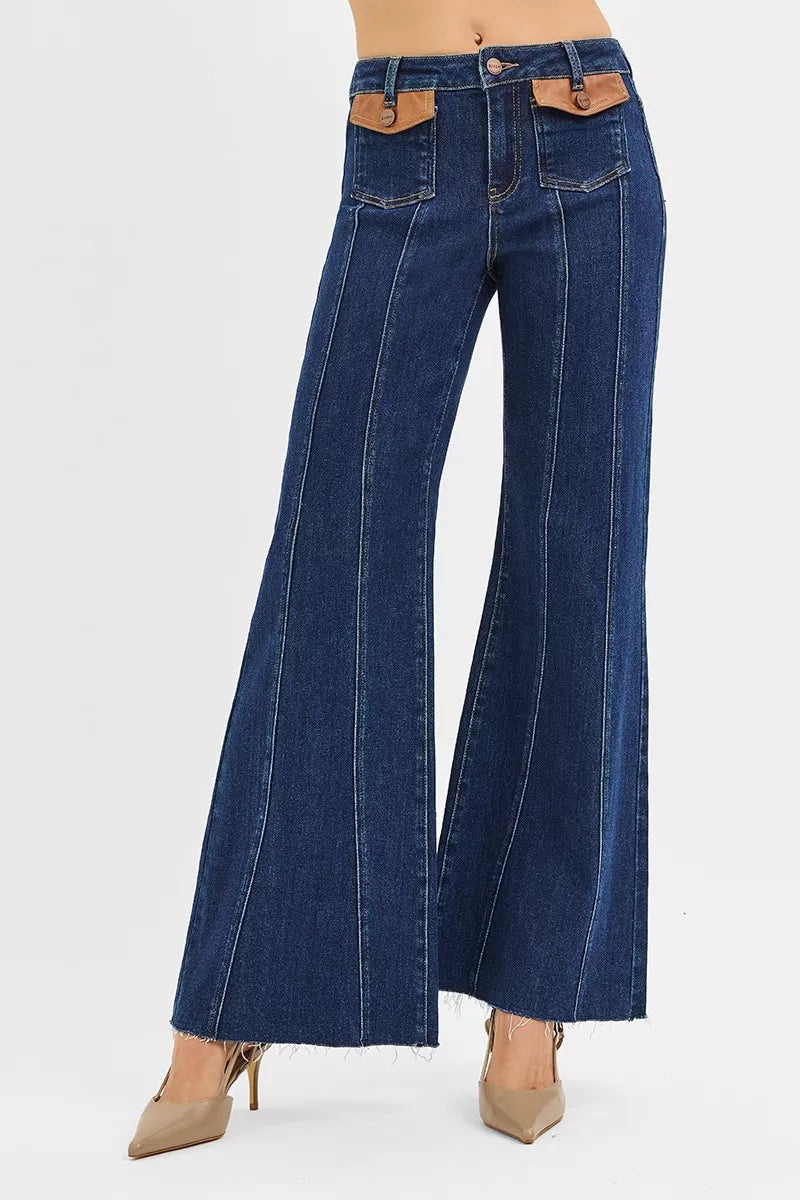 High Rise Wide Flare Jeans with Front Leather Pocket Detail in Dark for Women