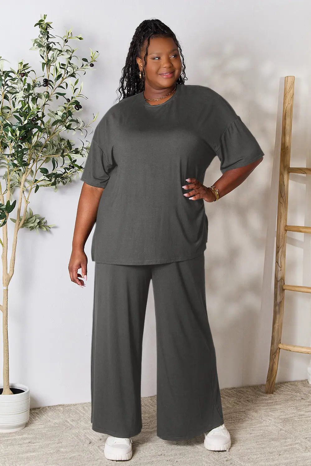 Plus Size Round Neck Slit Top and Pants Set in Dark Gray for Women