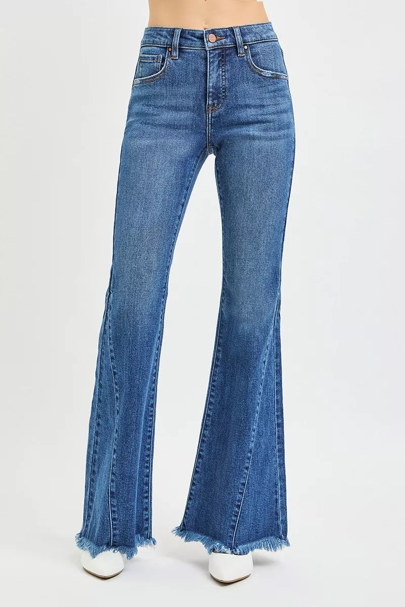 Mid Rise Flare Side Seam Detailing Jeans in Dark for Women