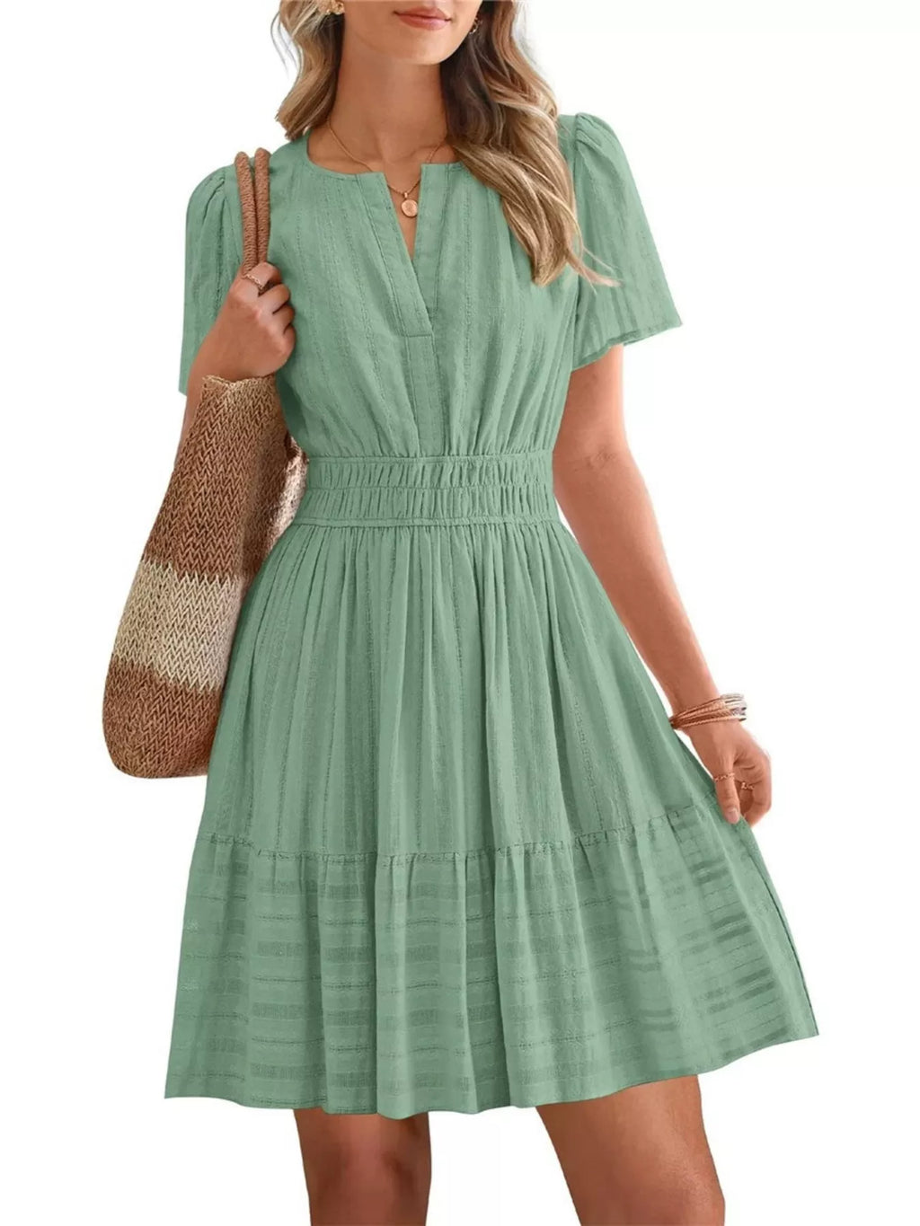 Short Sleeve Smocked Waist Tiered Dress in Yellow for Women