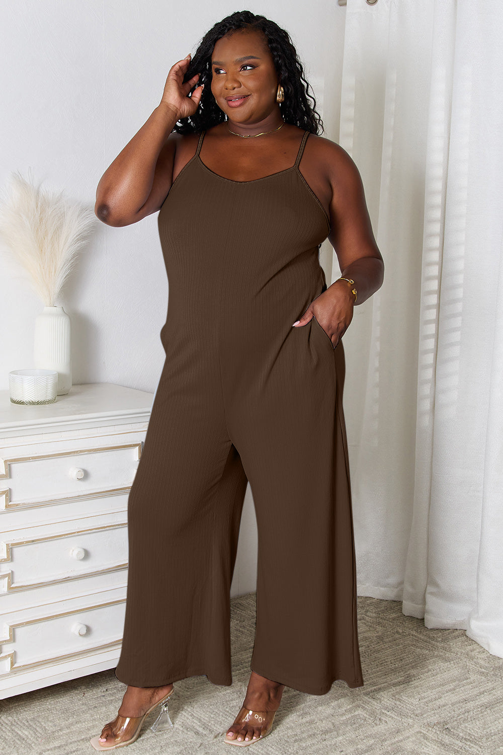 Plus Size Spaghetti Strap V-Neck Jumpsuit in Chocolate for Women