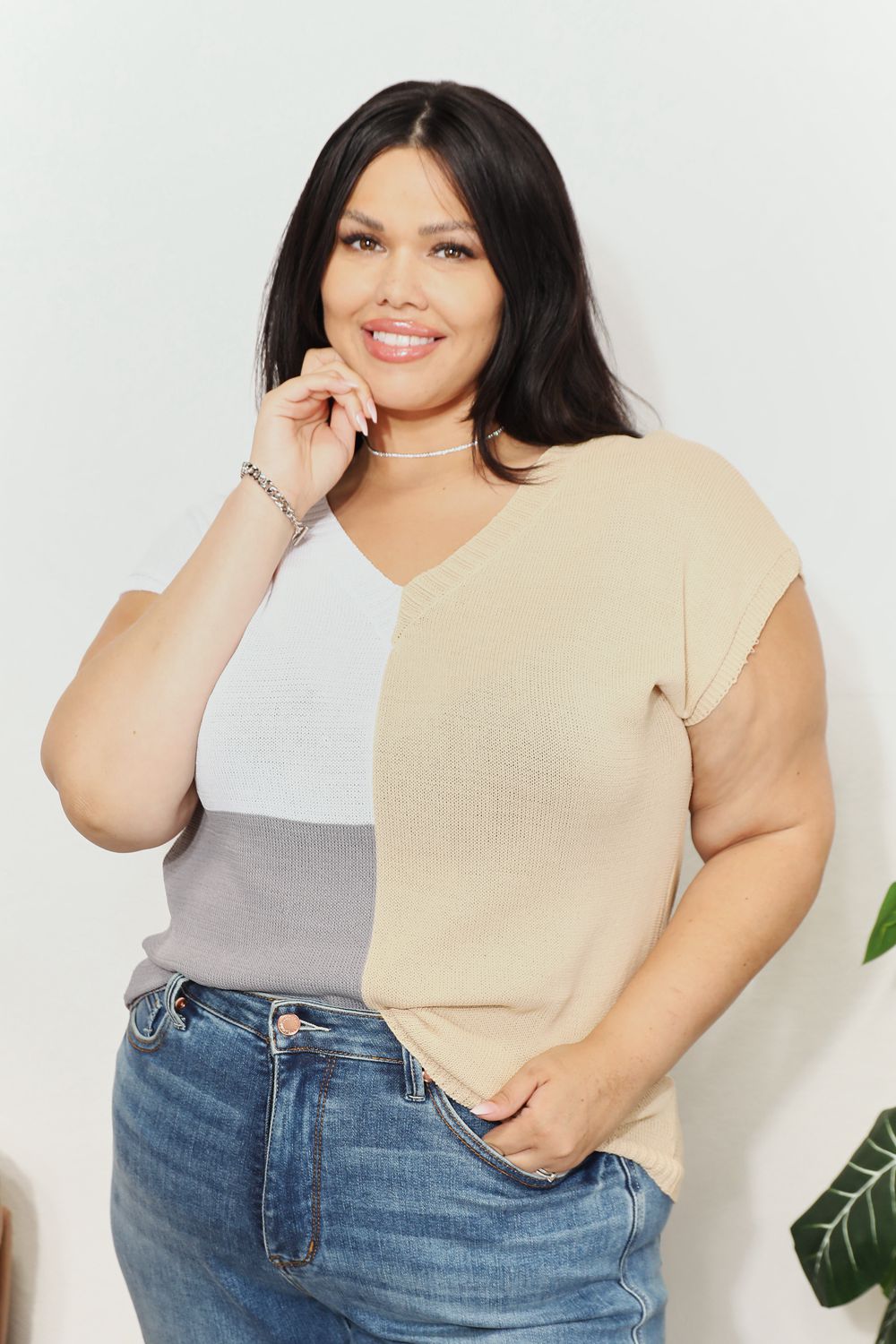 Color Block V-Neck Knit Top in Watermelon Pink for Women