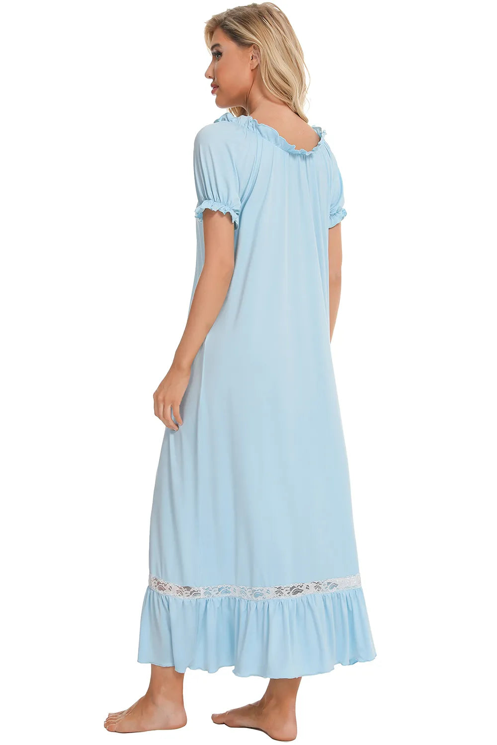 Lace Detail Short Sleeve Lounge Dress in Light Blue for Women