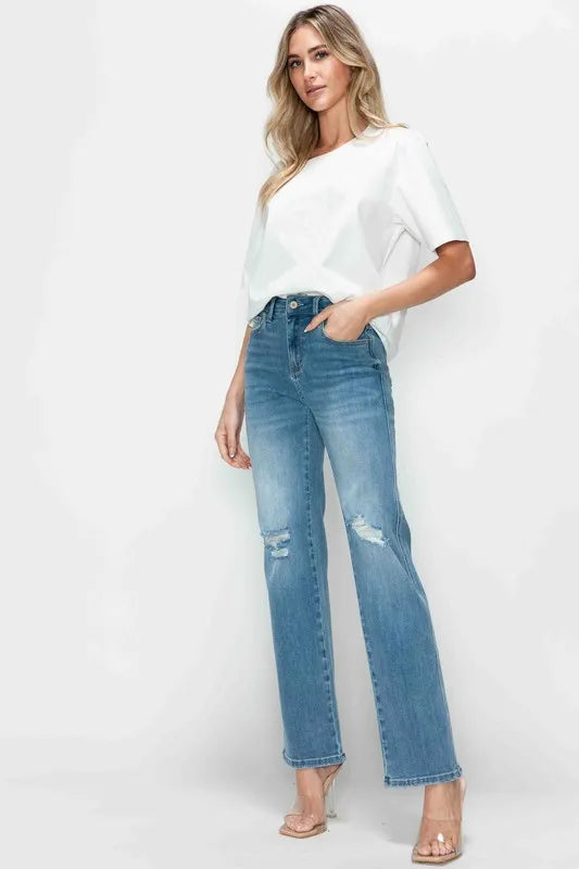 Plus Size Distressed High Rise Straight Jeans in Medium for Women