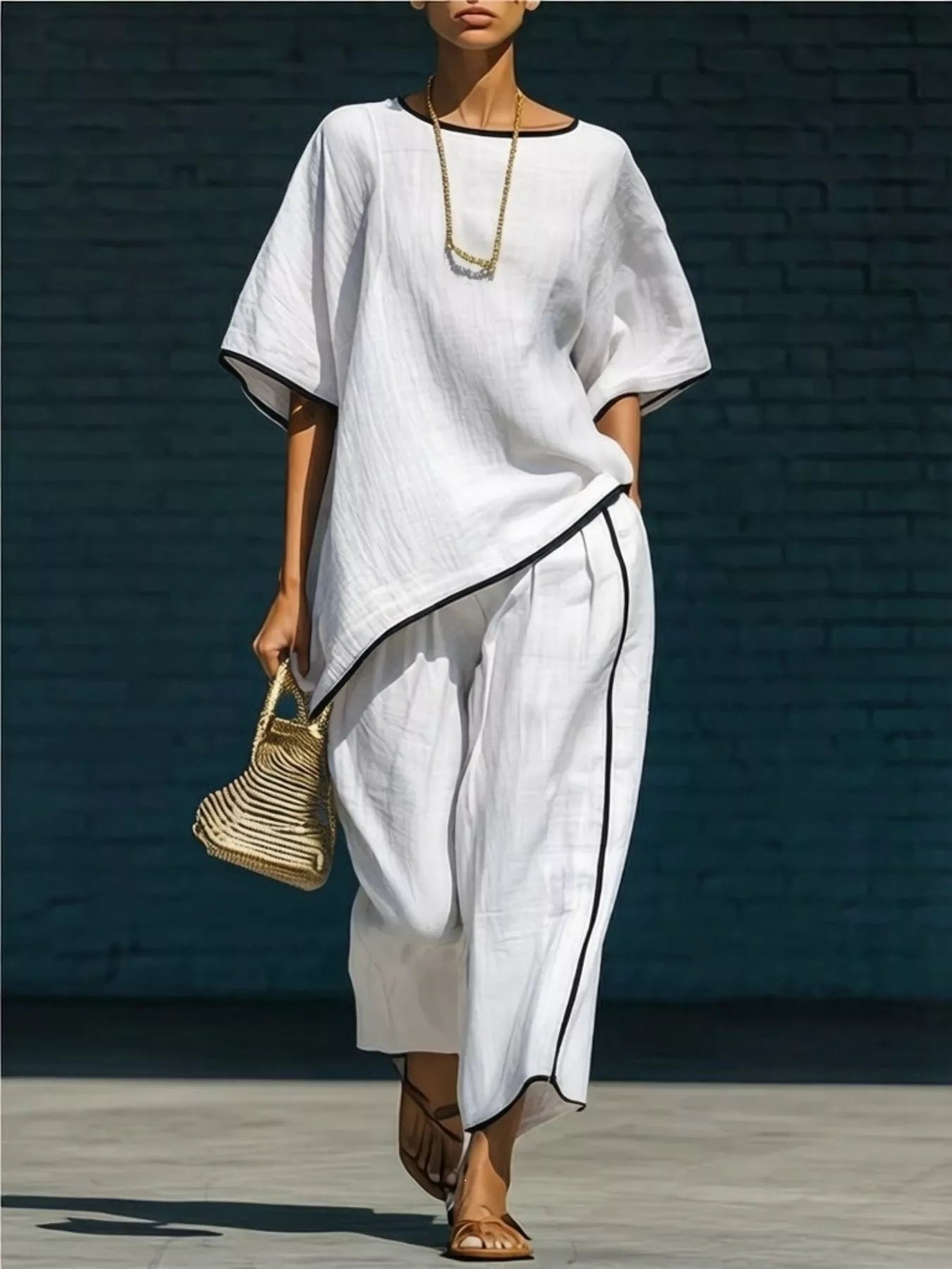 Contrast Trim Round Neck Top and Pants Set in White for Women
