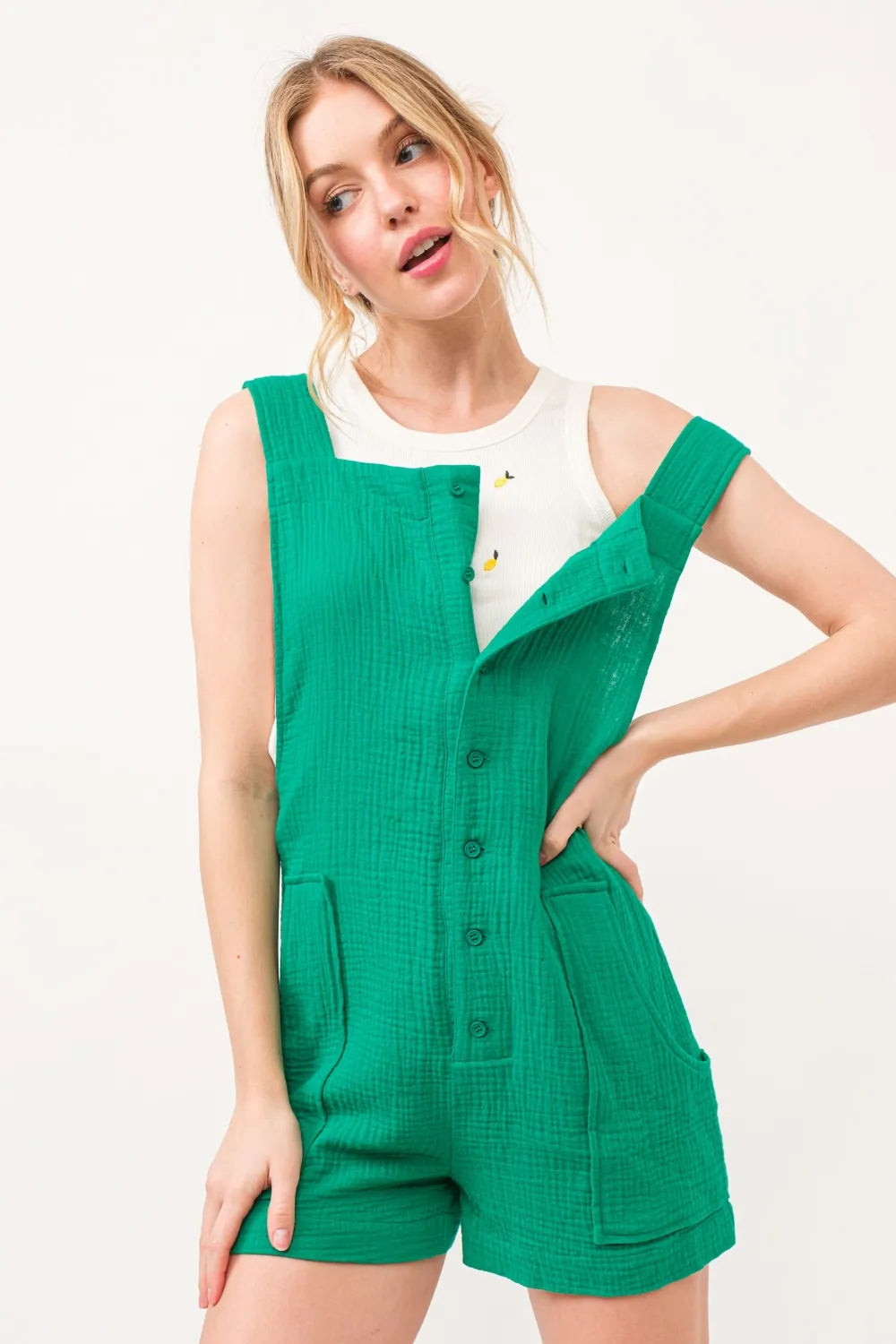 Button Up Tie Back Sleeveless Romper in Green for Women