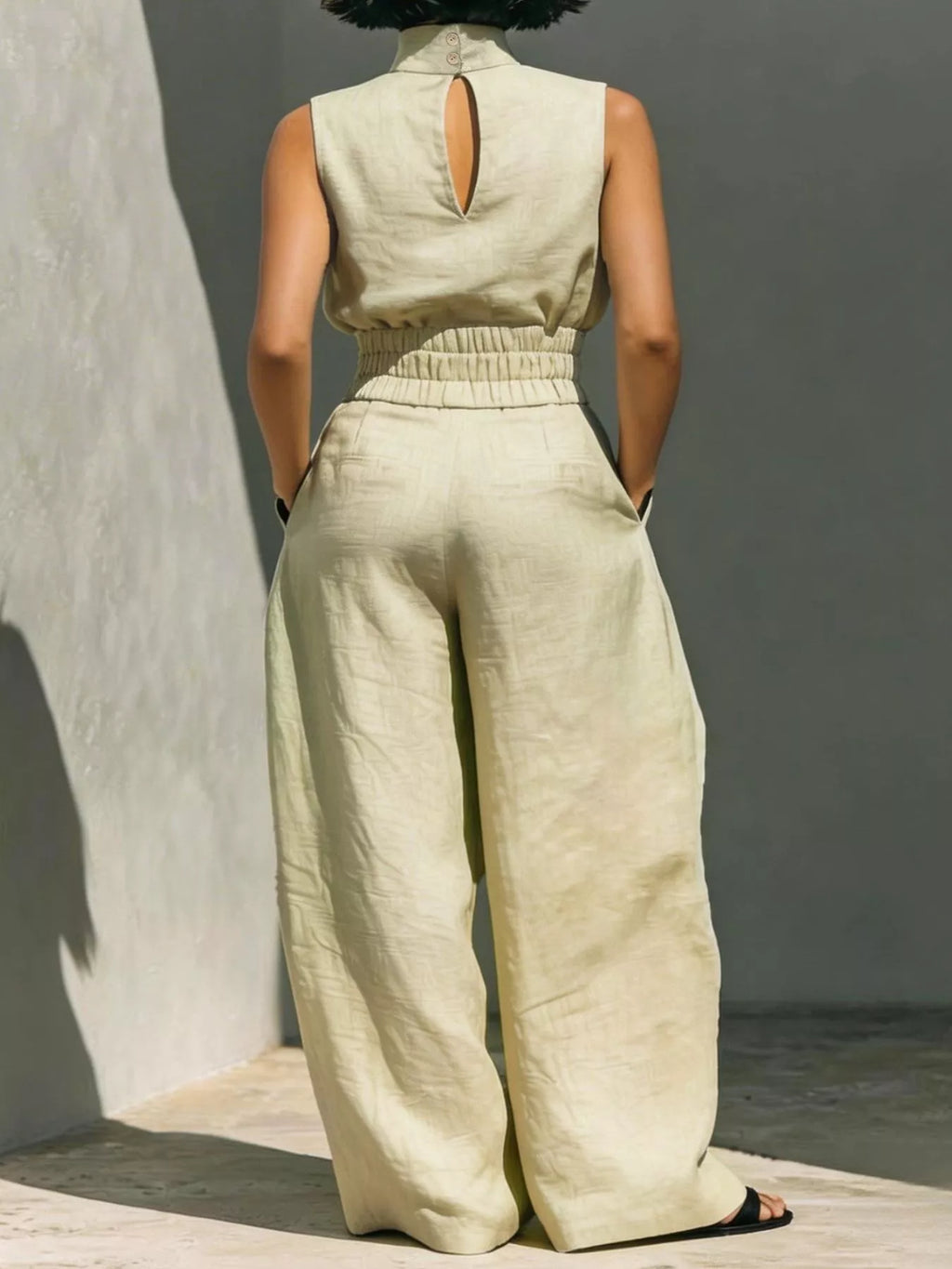 Turtleneck Sleeveless Top and Wide Leg Pants Set in Apricot for Women