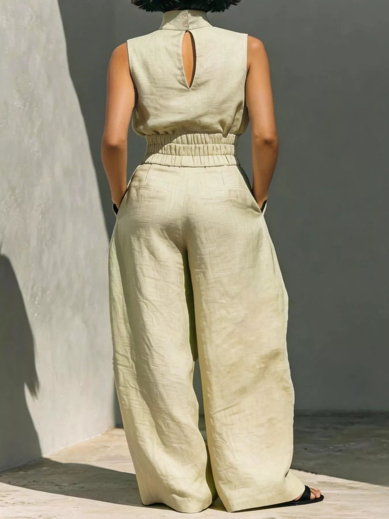 Turtleneck Sleeveless Top and Wide Leg Pants Set in Apricot for Women