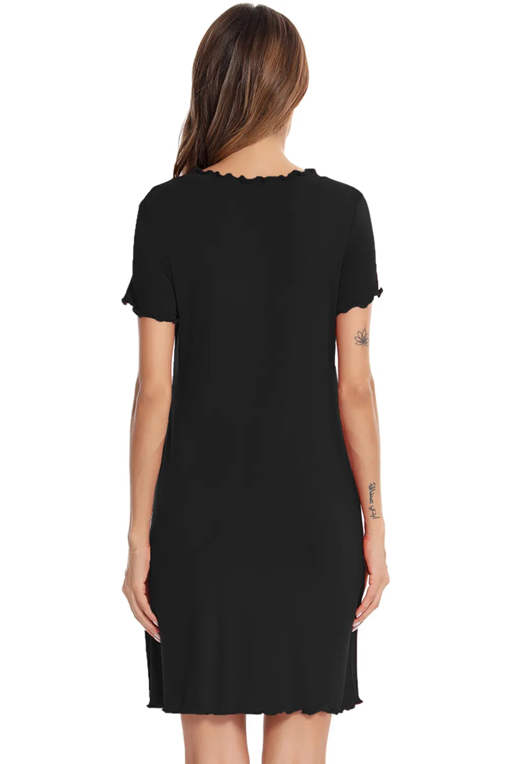 Round Neck Short Sleeve Lounge Dress in Black for Women