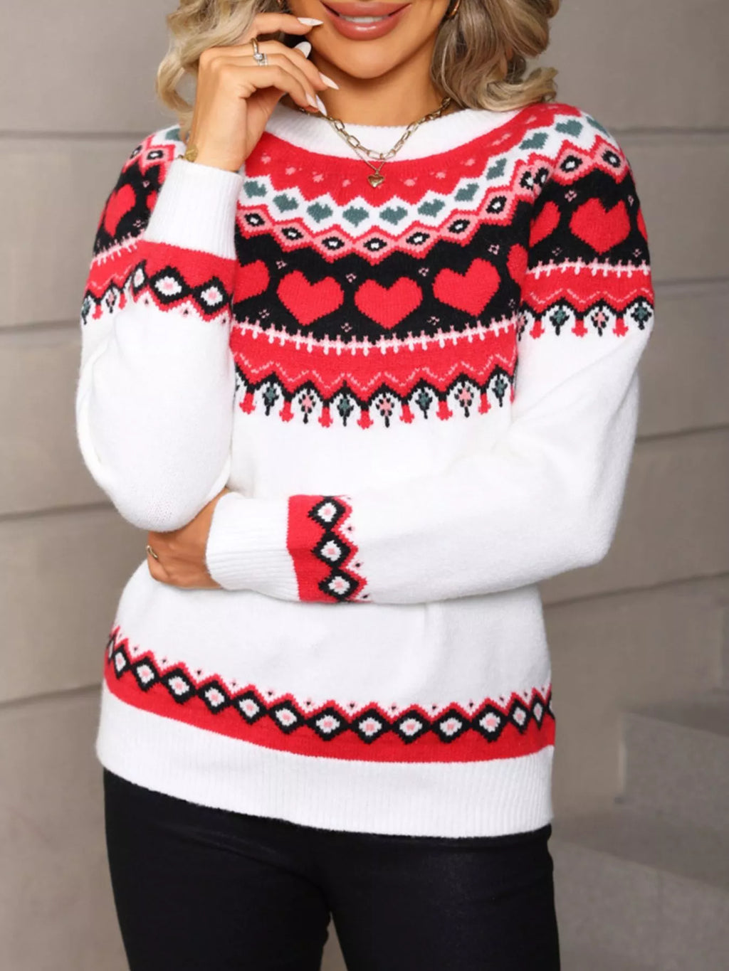 Valentines Day Heart Pattern Knitted Sweater in White for Women