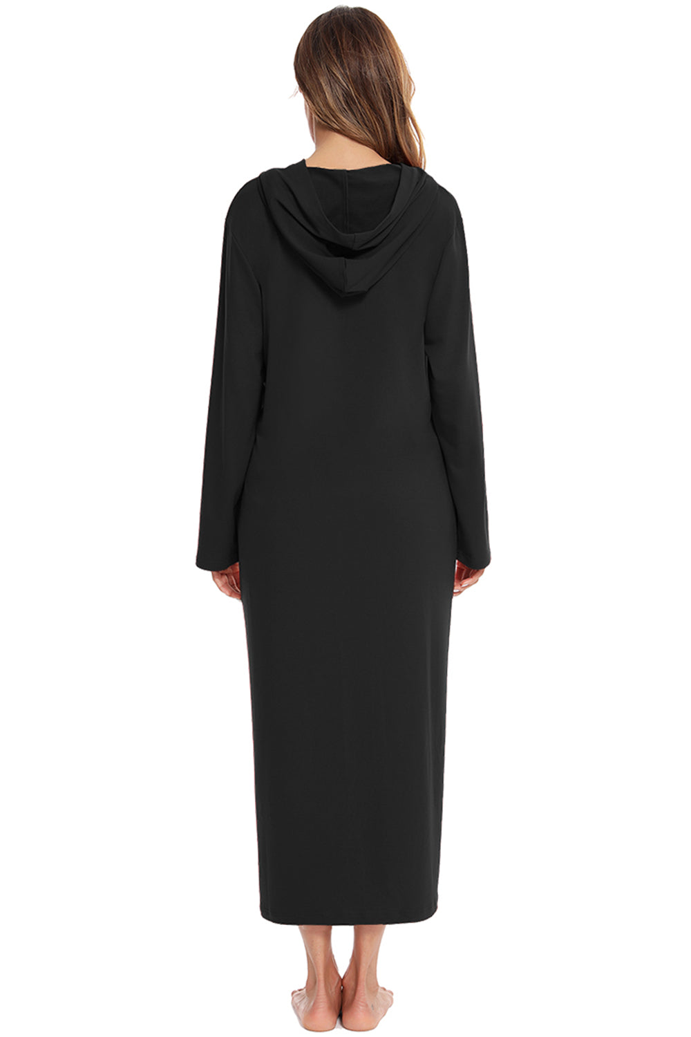 Zip Front Hooded Night Dress with Pockets in Light Gray in Black for Women
