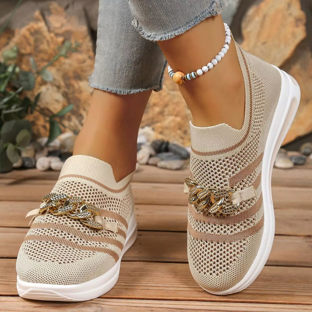Round Toe Mesh Slip-Ons in Cream White for Women