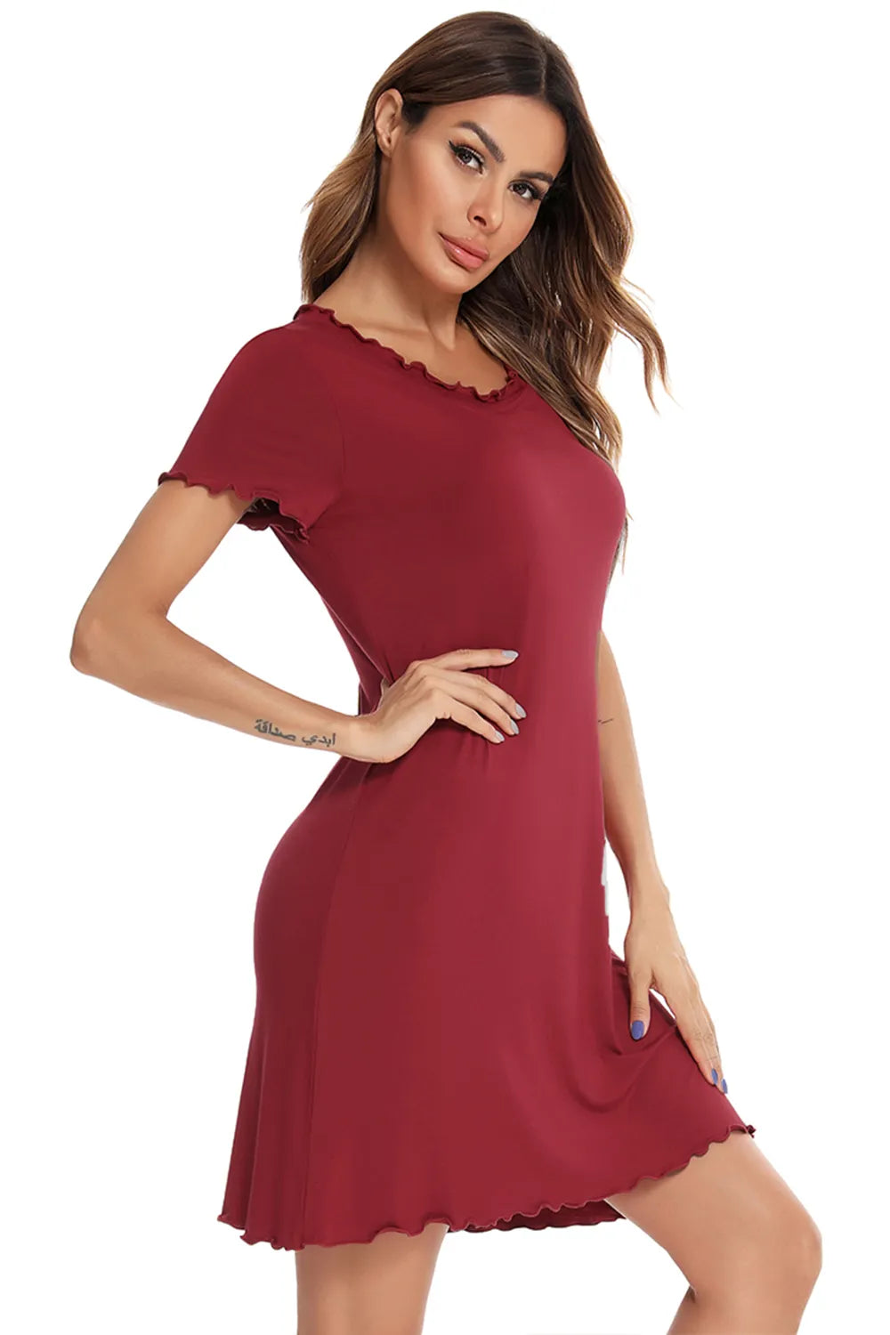 Round Neck Short Sleeve Lounge Dress in Scarlet for Women