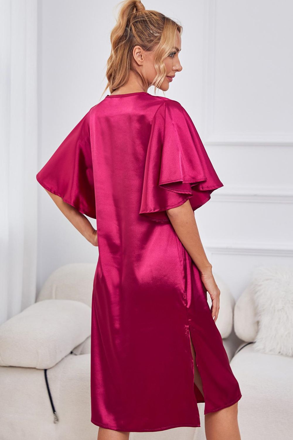 Satin Flutter Sleeve Side Slit V-Neck Night Dress in Vivid Cerise for Women