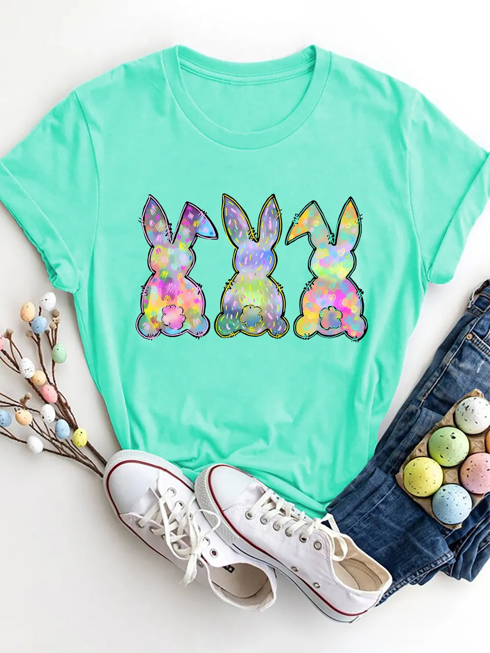 Rabbit Round Neck Short Sleeve T-Shirt in Dark Gray for Women