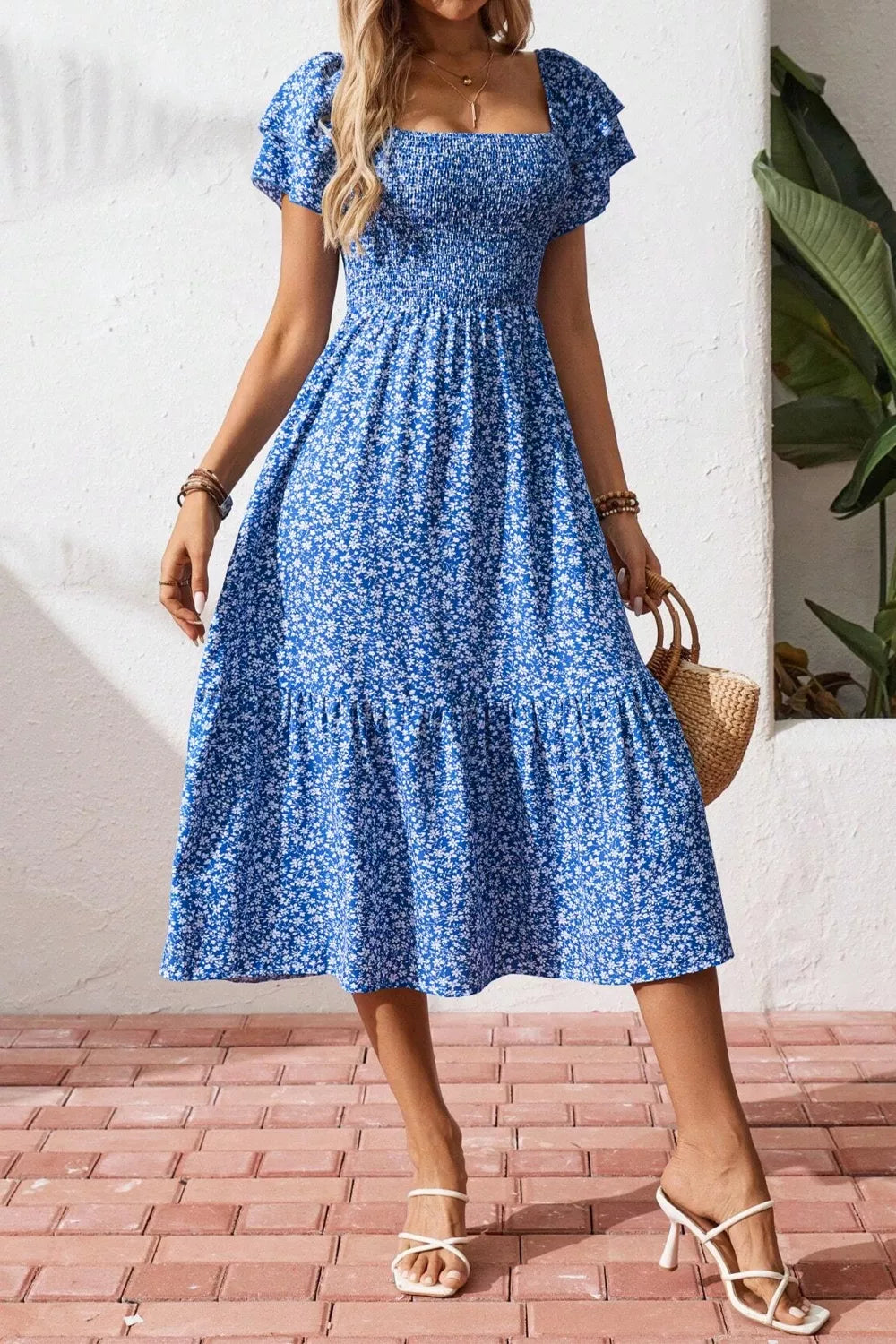 Ditsy Floral Print Smocked Square Neck Ruffle Short Sleeve Dress for Women