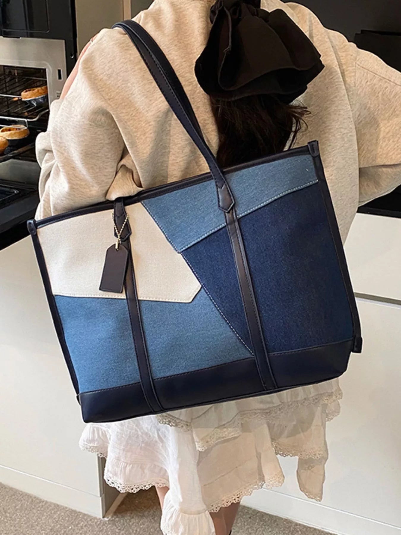 Color Block Denim Shoulder Bag for Women