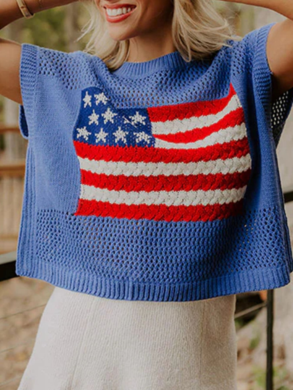 Flag Graphic Short Sleeve Sweater Top in Dusty Blue for Women