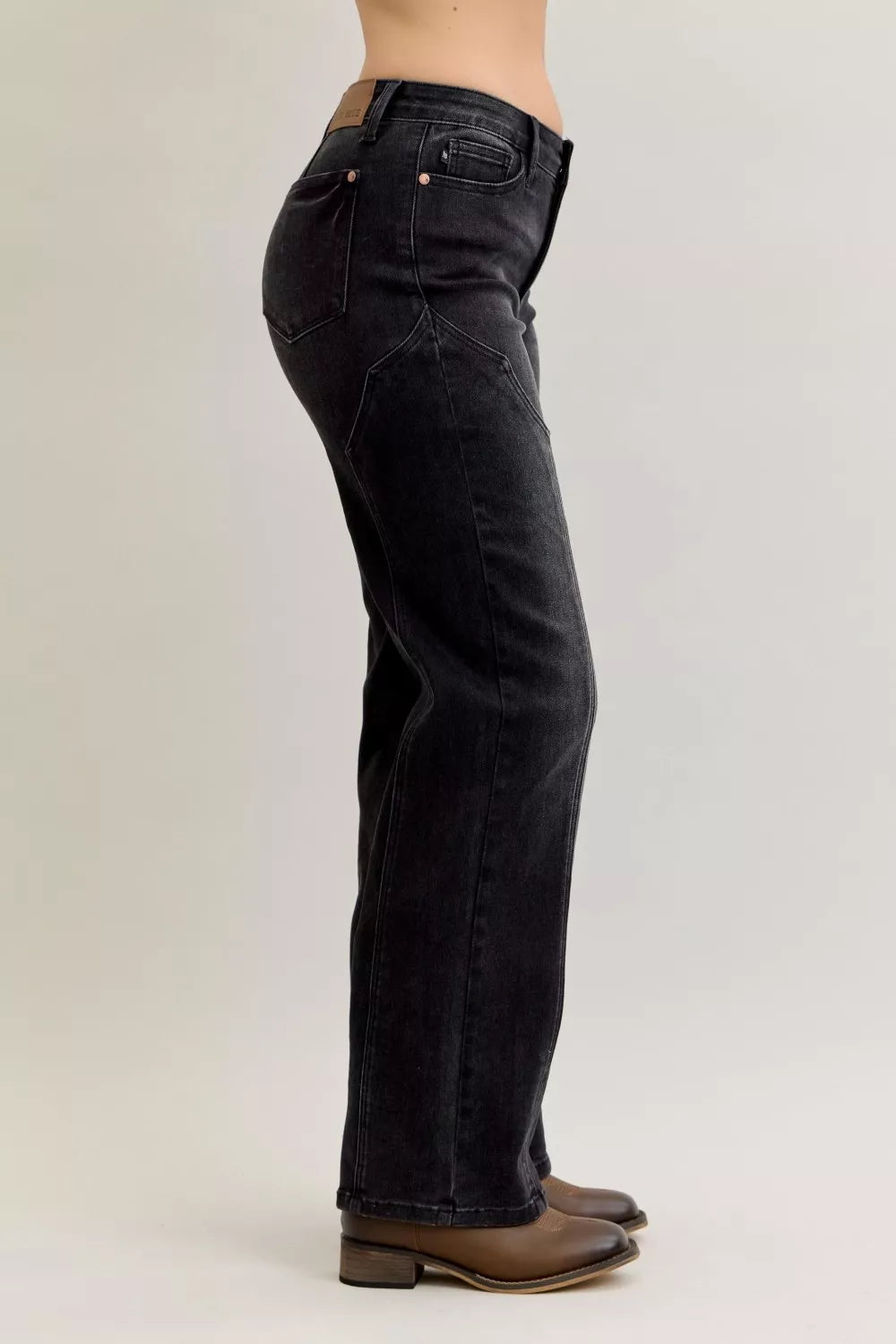 Mid Rise Straight Western Seam Detail Jeans in Bk for Women