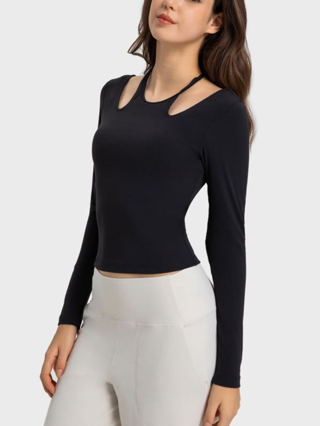 Halter Neck Long Sleeve Sporty Top in Ivory for Women