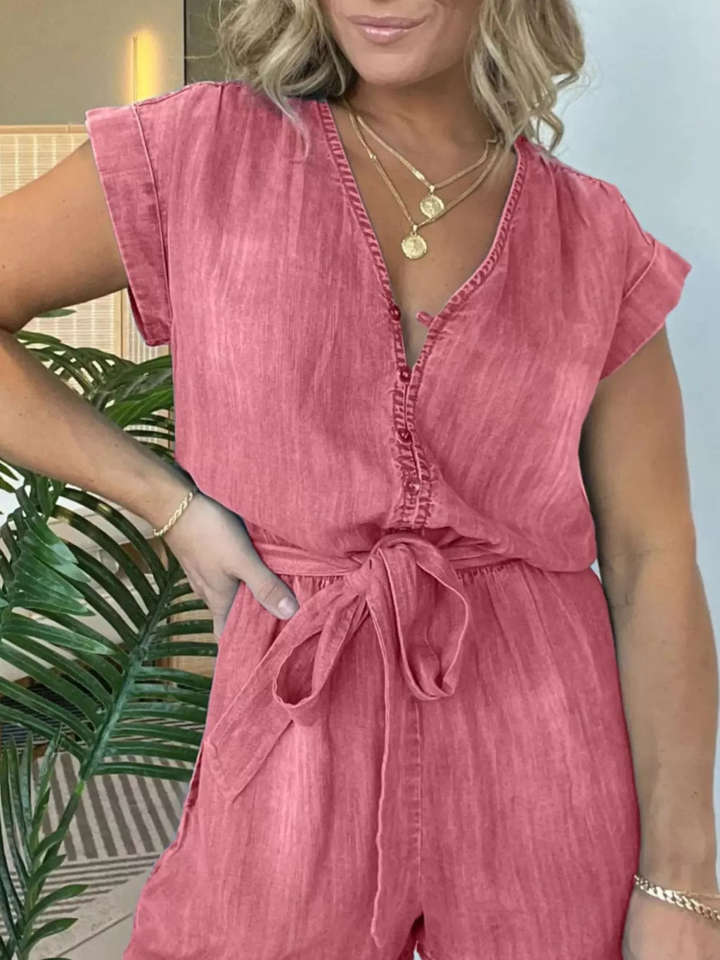 Plus Size Tie Waist Cap Sleeve Romper in Black for Women