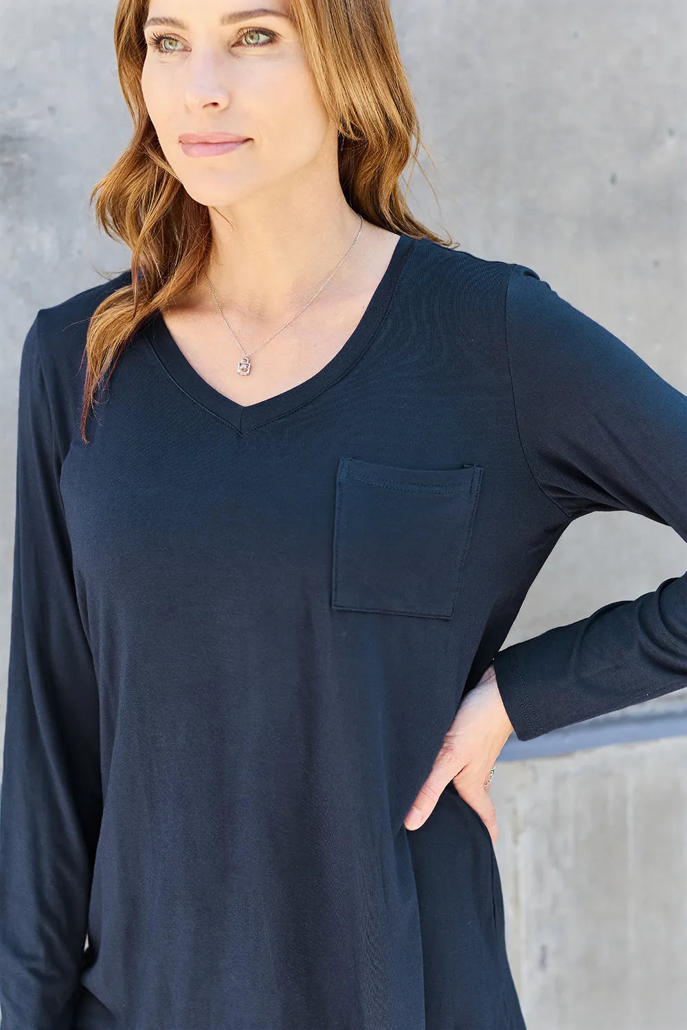 Plus Size V-Neck Long Sleeve Top in Dark Blue for Women