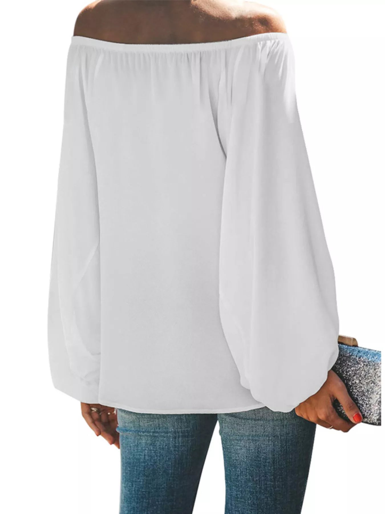 Off-Shoulder Balloon Sleeve Blouse Plus Size in White for Women