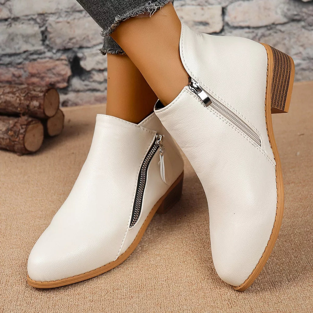 Size Zipper Block Heels Boots in Black for Women